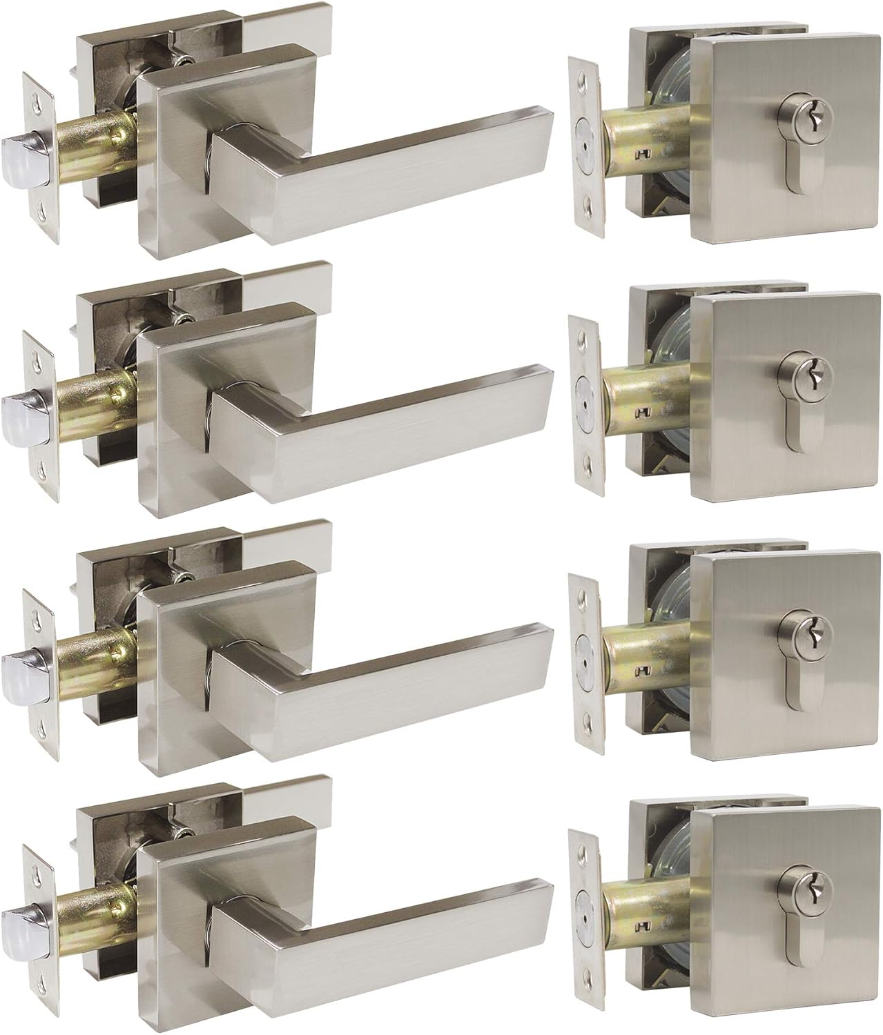 Probrico Flat Black Passage Door Lever with Single Cylinder Deadbolts Combo Pack, Modern Square Lock Set Handleset,Exterior Door Handle and Deadbolts Set,Exterior Door Lever Passage Pack of 2