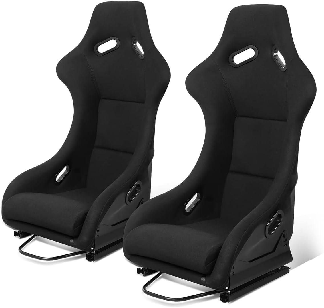 Universal Bucket Racing Seats, Come with Adjustable Sliders, Set of 2, Driver and Passenger Side, Black Fabric