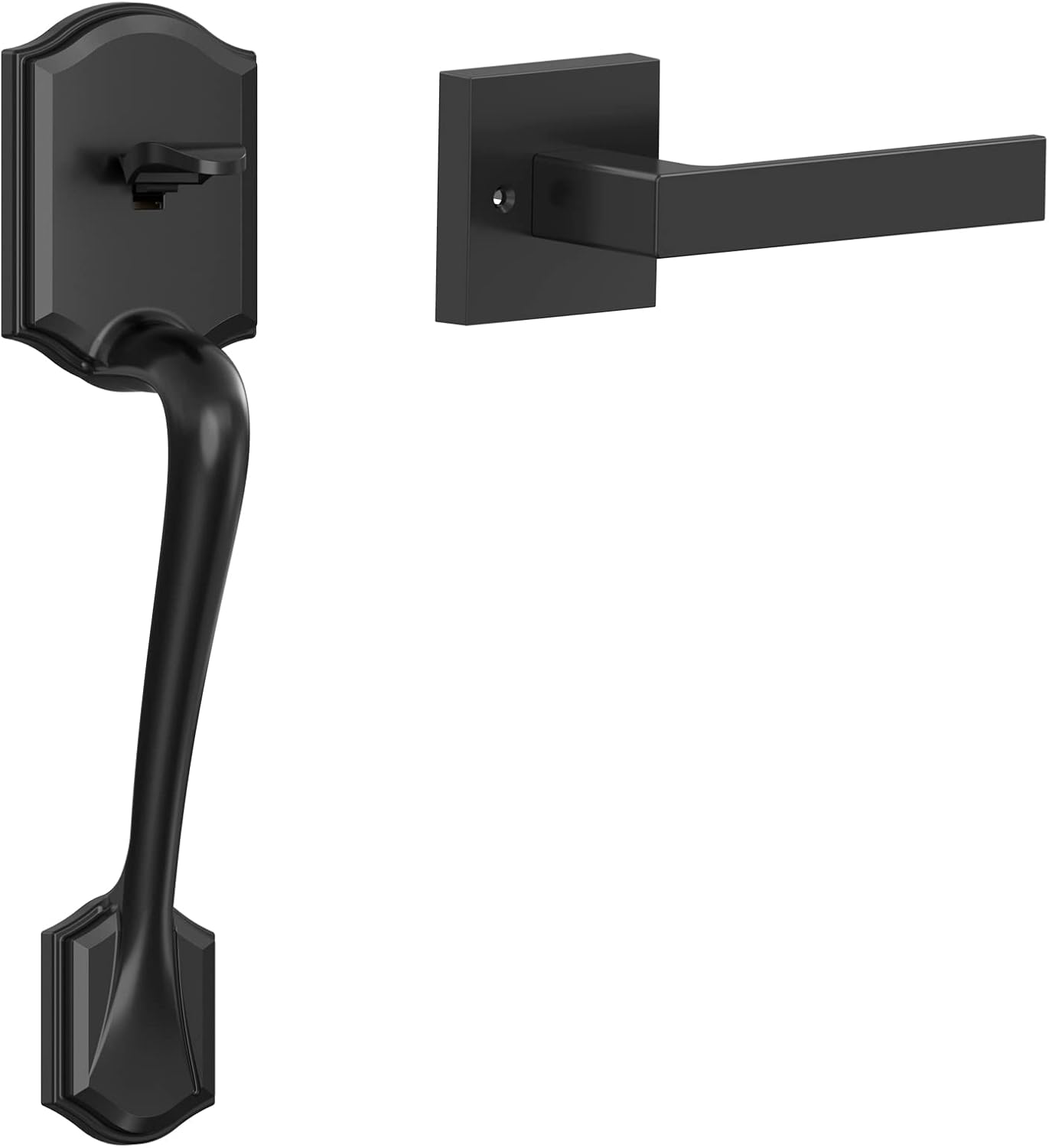 Front Door Handle,Hornbill Black Door Handle Set,Exterior Door Handle and Interior Level,Matte Black Door handle in Modern Style,Single Cylinder Entry Door Handle with Lower Half Lever for Home Office Pack of 2