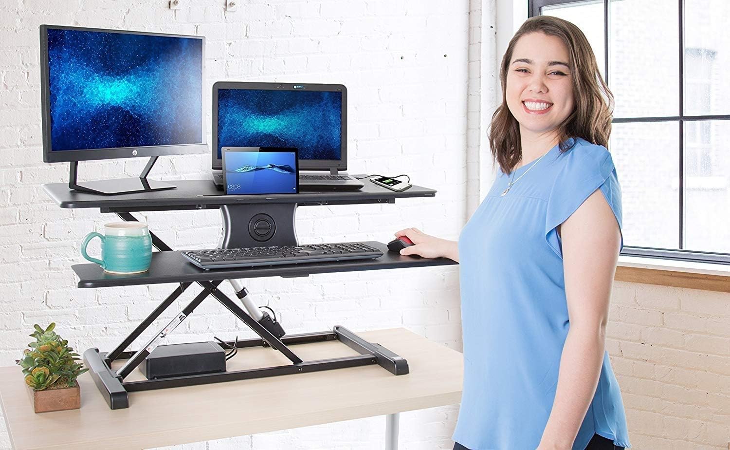Stand Steady Flexpro Hero Power | Electric Standing Desk Converter/Desk Riser with Wireless Charging | Turns Any Desk into a Sit to Stand Up Desk | Integrated Phone/Tablet Holder (37.5 Inch/Black)