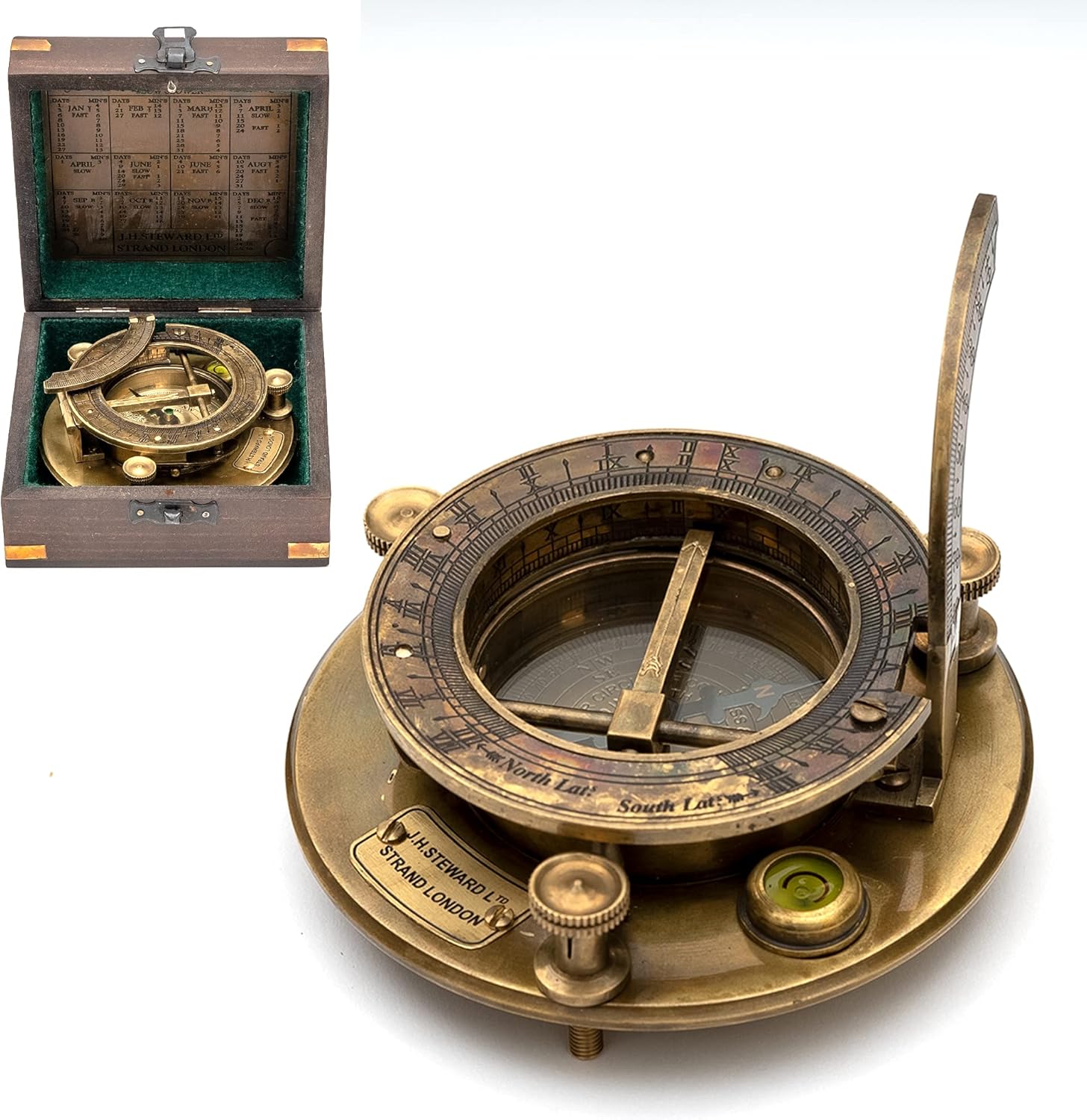 Antique Look Maritime Ship Navigation Brass Sailor Sundial Compass with Wooden Box Vintage Gift Item J.H.Steward Ltd. Strand London Functional Sundial with time Chart Pack of 2