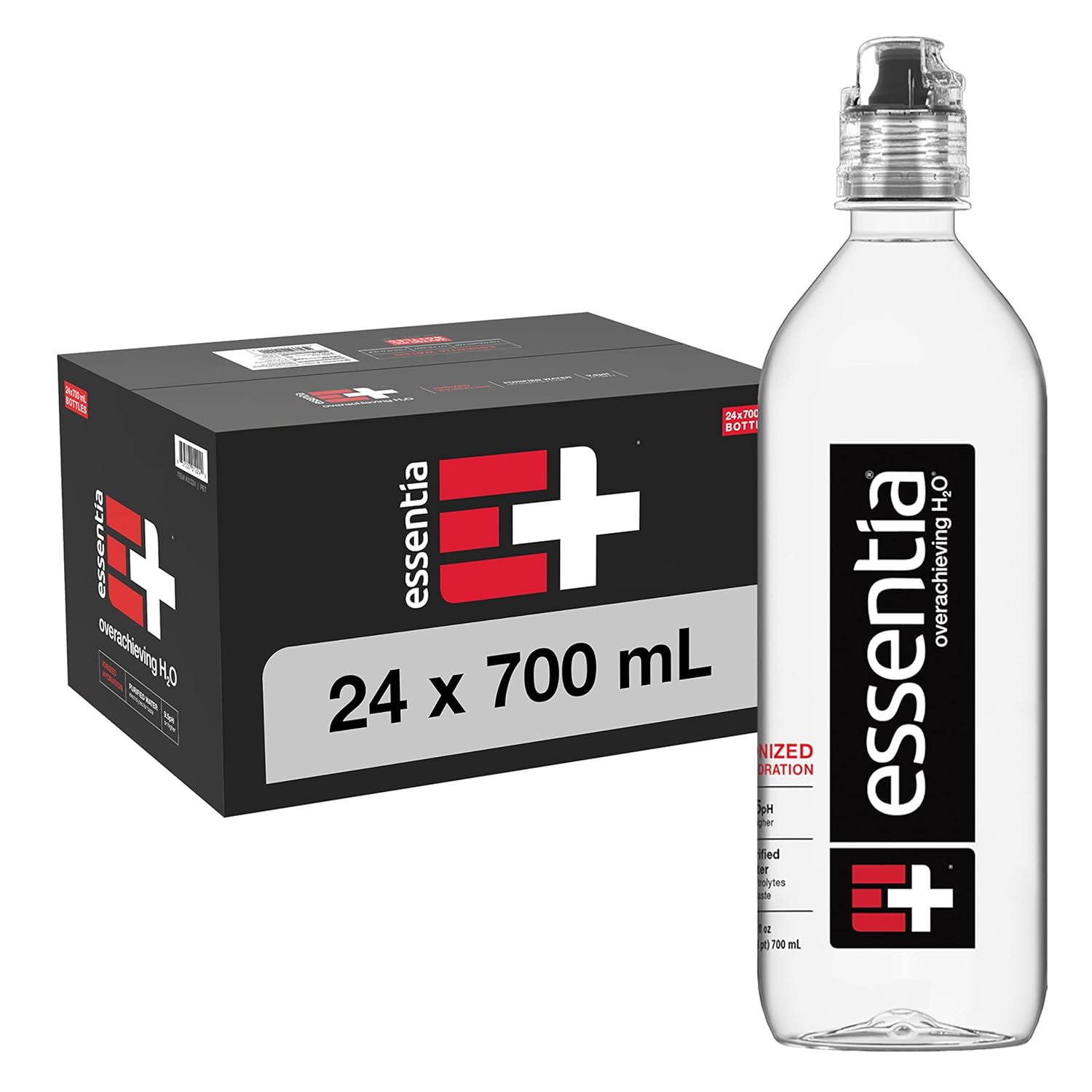 Essentia Bottled Water, 700 mL, 24-Pack, Ionized Alkaline Water; 99.9% Pure, Infused with Electrolytes, 9.5 pH or Higher with a Clean, Smooth Taste Pack of 2