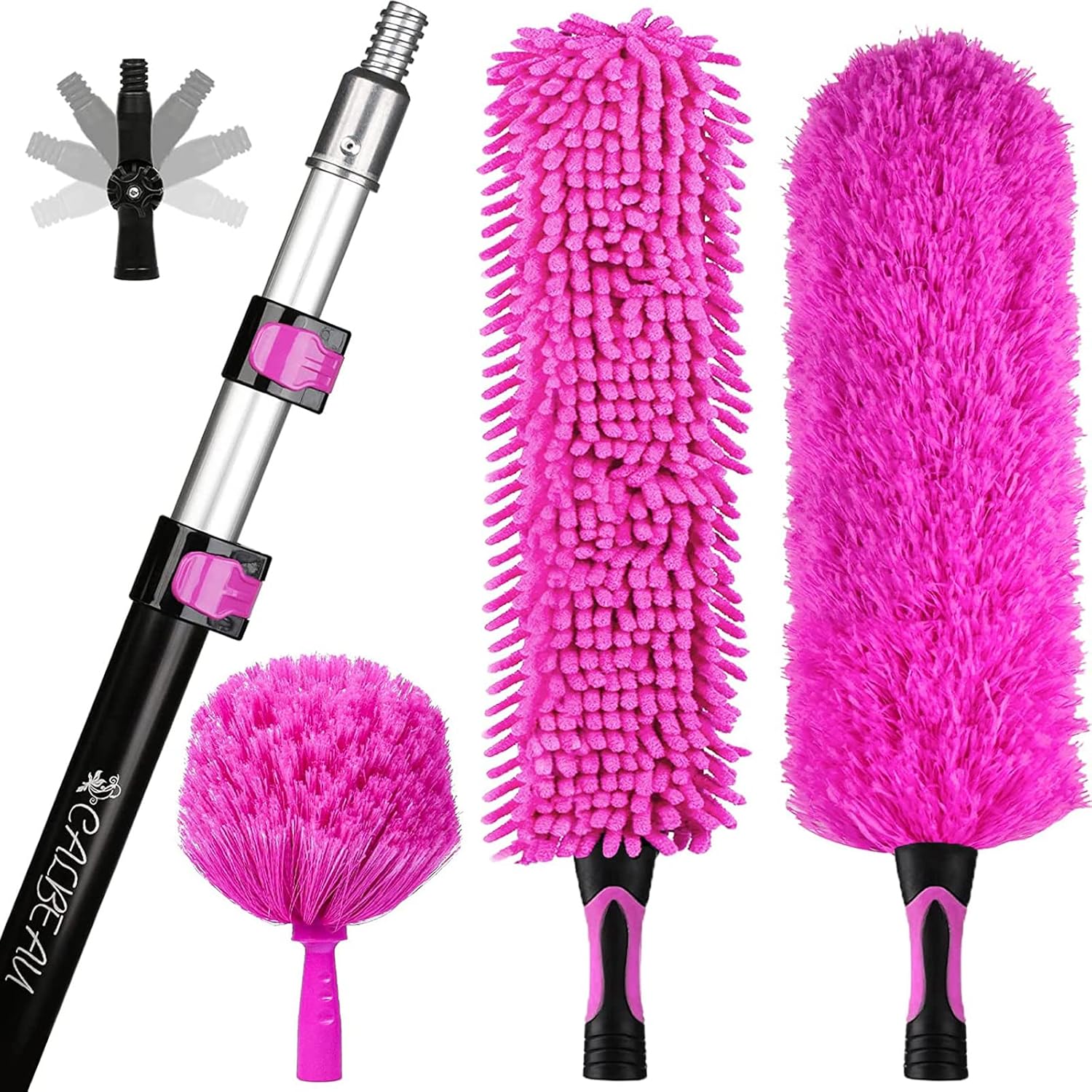 20 Foot High Reach Duster Kit, CALBEAU Dusters for Cleaning, 5-12ft Extension Pole, Cobweb Dusters, Chenille Ceiling Duster, Microfiber Feather Duster, Adjustable Tip, for Home Yard/ Wall/Furniture Pack of 2