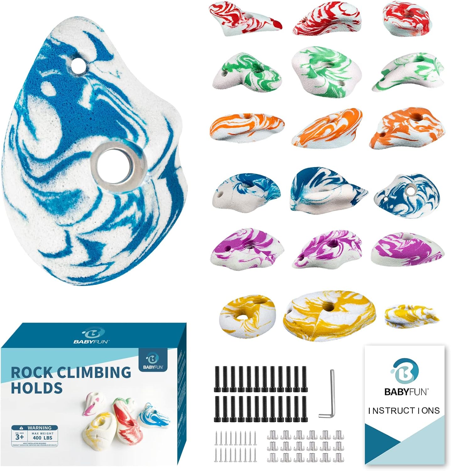 BABY FUN Climbing Holds for Kids and Adults, Large Rock Climbing Holds - Mounting Hardware Included - Climbing Rocks for DIY Rock Climbing Wall