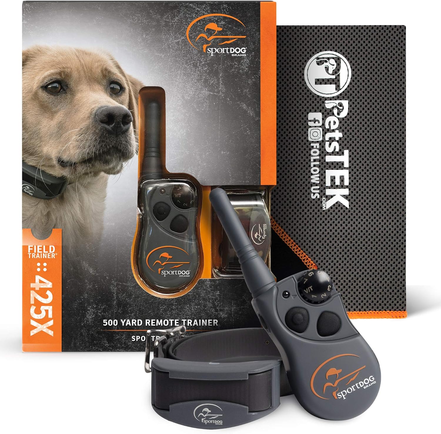 SportDOG SD-425X Electronic Dog Training Collar with Remote for Small Dogs to Large Dogs - 500 Yard Range, Vibration, Tone, Up to 21 Stimulation Levels, Waterproof, Rechargeable, w/PetsTEK Towel