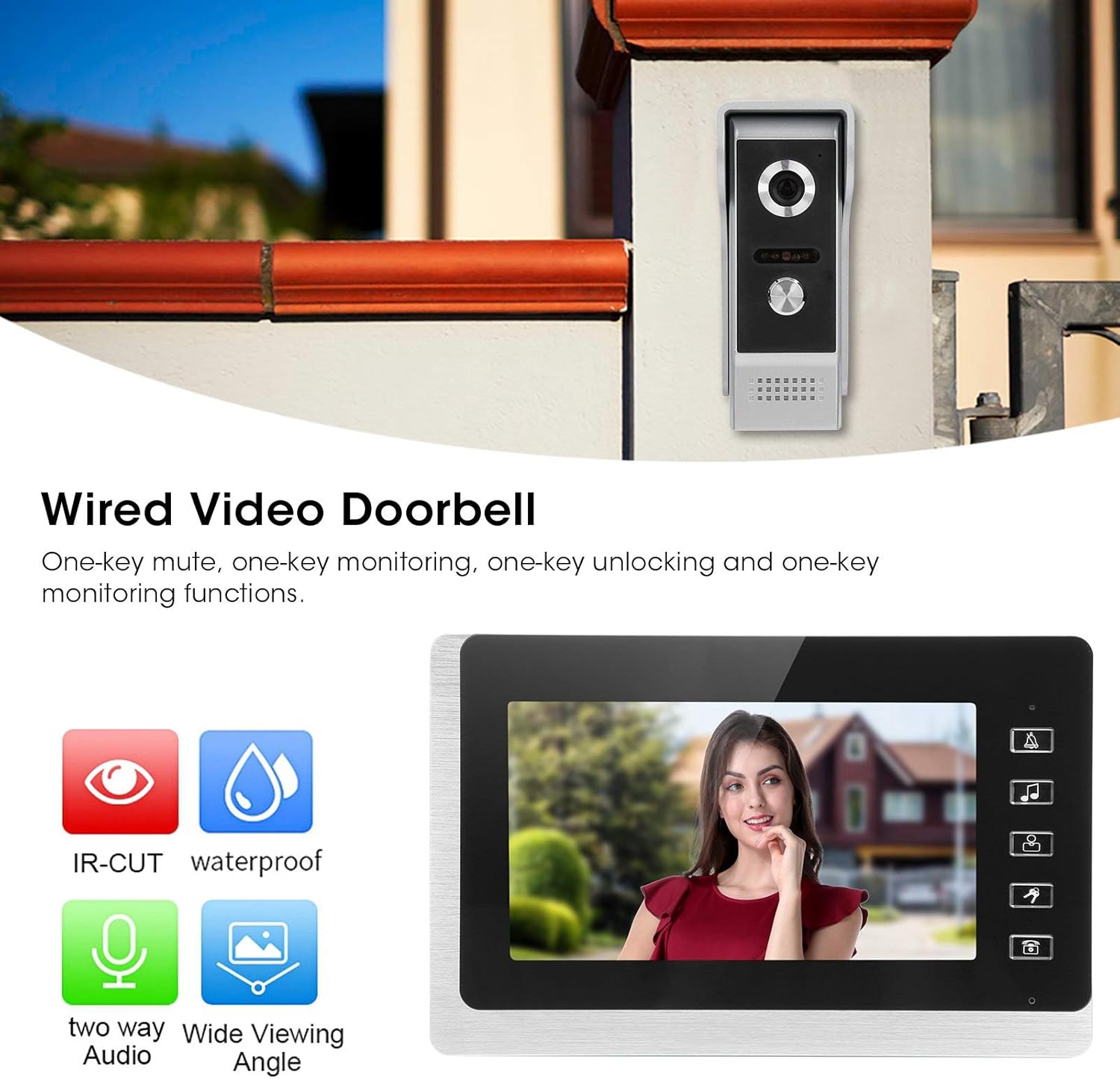 Video Door Phone Doorbell Intercom System, Wired Door Entry System with 7 Inch TFT LCD Monitor & High-definition Camera, for 1-Family House, Night Vision, 2 Ways Intercom, Rainproof Design(US)