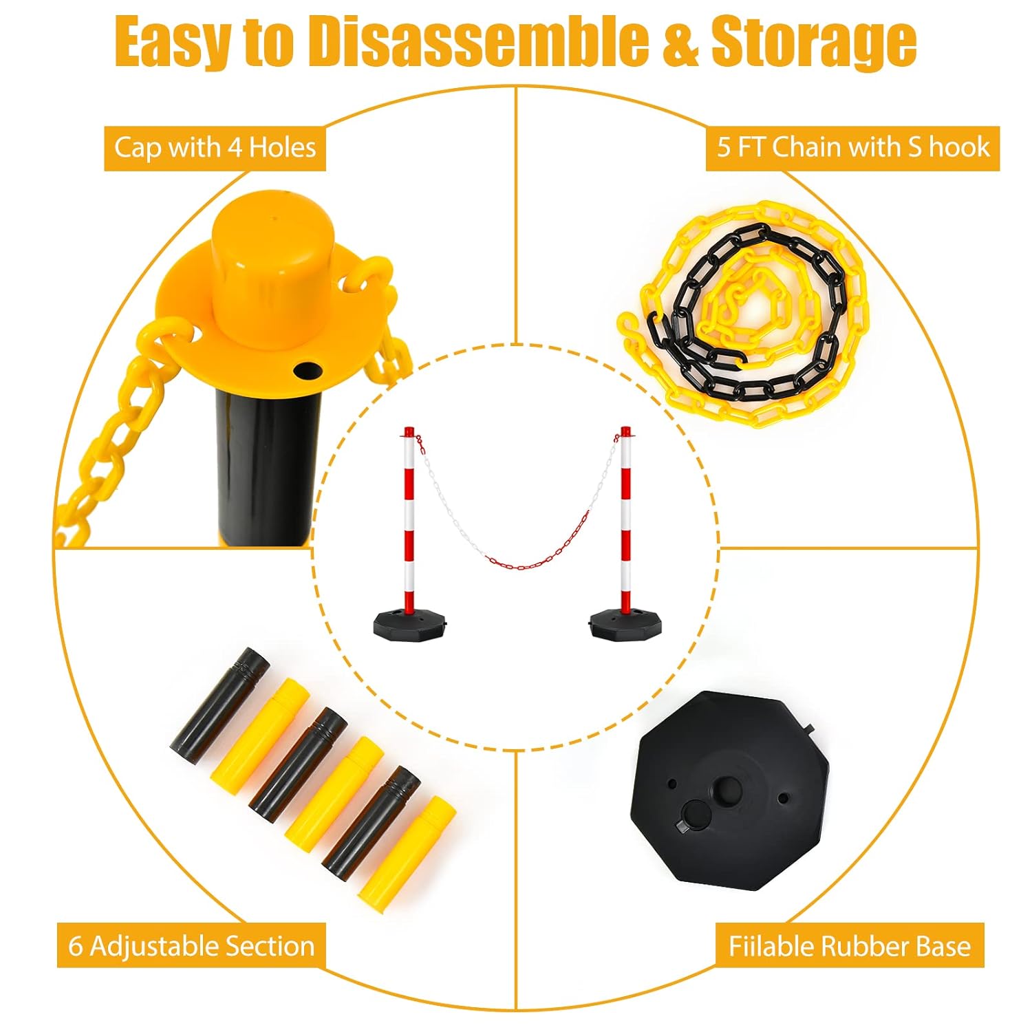 ERGOMASTER 24~34 Inches Adjustable Delineator Post Traffic Cones Safety Cones for Parking Lot Construction Caution Road Stanchions with Fillable Base and 5FT Chains Barriers (2 Pack-Red & White) Pack of 2