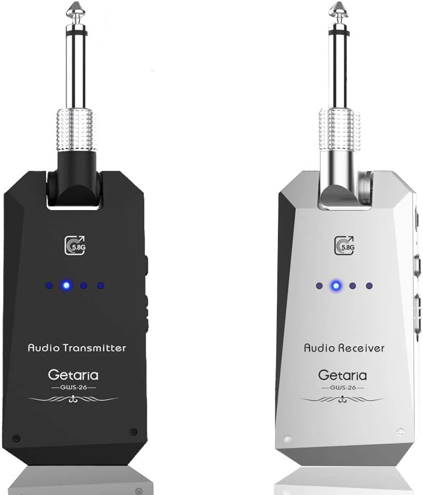 Getaria Wireless Guitar Transmitter Receiver Set 5.8GH Wireless Guitar System 4 Channels for Electric Bass Guitar Cordless Guitar Amplifier Guitar Cable Jack Pack of 2