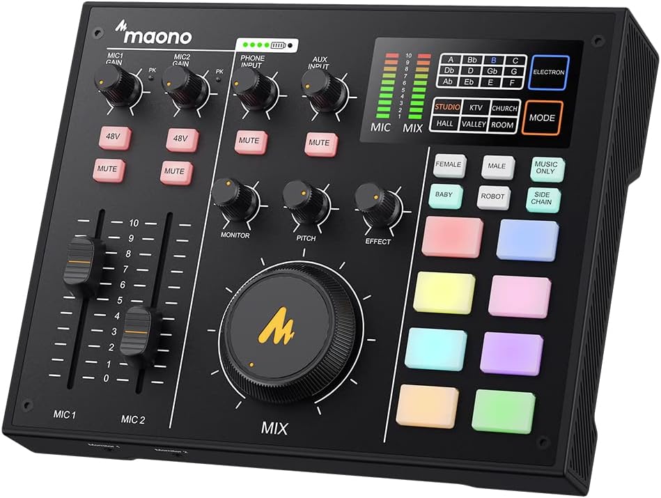Audio Interface with DJ Mixer and Sound Card, Maonocaster Portable Podcast Production Studio for Guitar, Live Streaming, Recording, Chat, Broadcast, Gaming, Compatible with PC, smartphone (AM100K0)