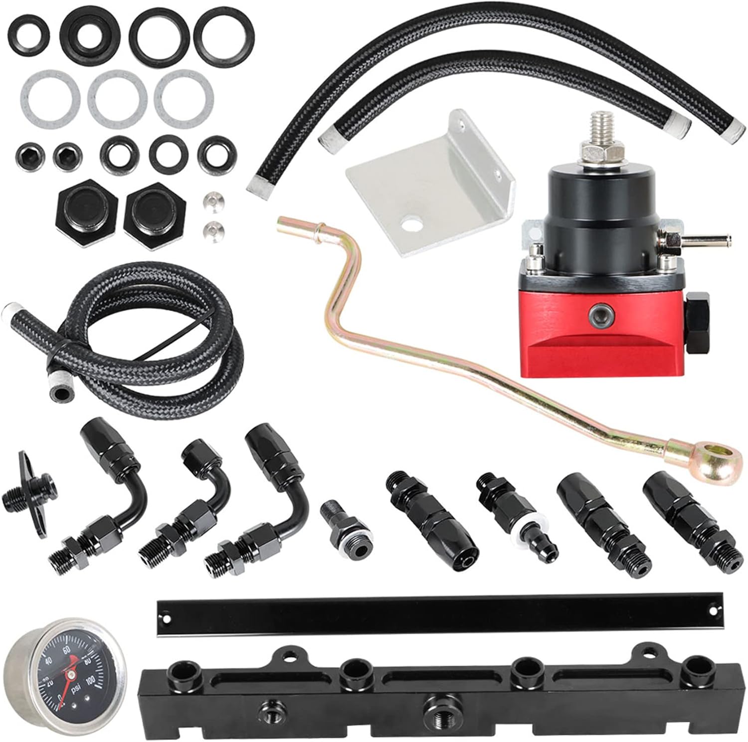 labwork AN6-6AN Fuel Line Hose Fitting Connectors Kit Black with Fuel Rail Regulator and Gauge