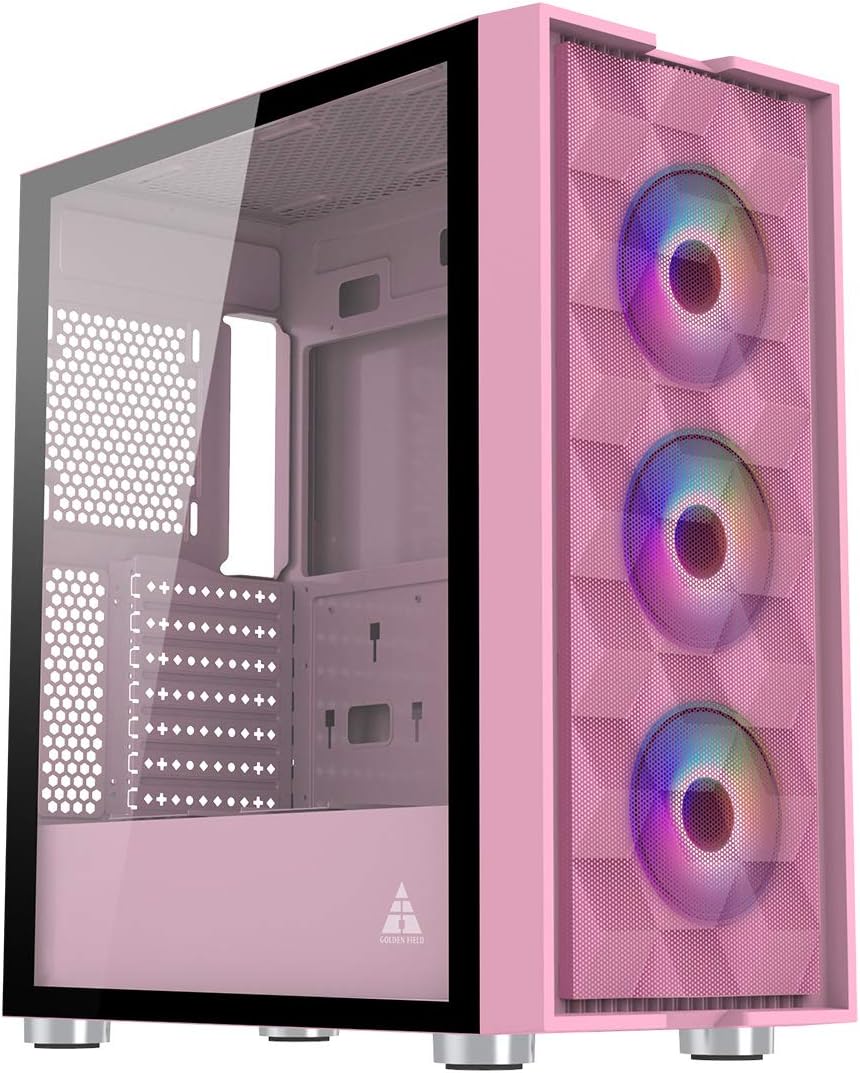GOLDEN FIELD MAGE-P Computer Case Gaming PC ATX/MATX/ITX Case Mid Tower & 3 Fans Tempered Class Side Panel, Mesh Front Panel (Pink)