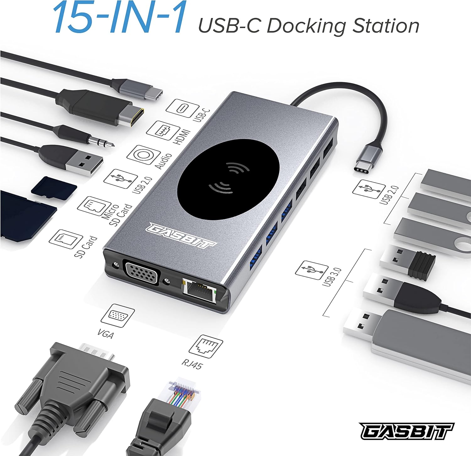 GASBIT 15-in-1 USB C Hub Multiport Adapter with Wireless Phone Charger; USB C Power Adapter; USB-C Dongle to HDMI; VGA; SD/MicroSD Card Reader; Ethernet; 3 USB 2.0; 4 USB 3.0; 1 USB-C PD; Audio Jack Pack of 2