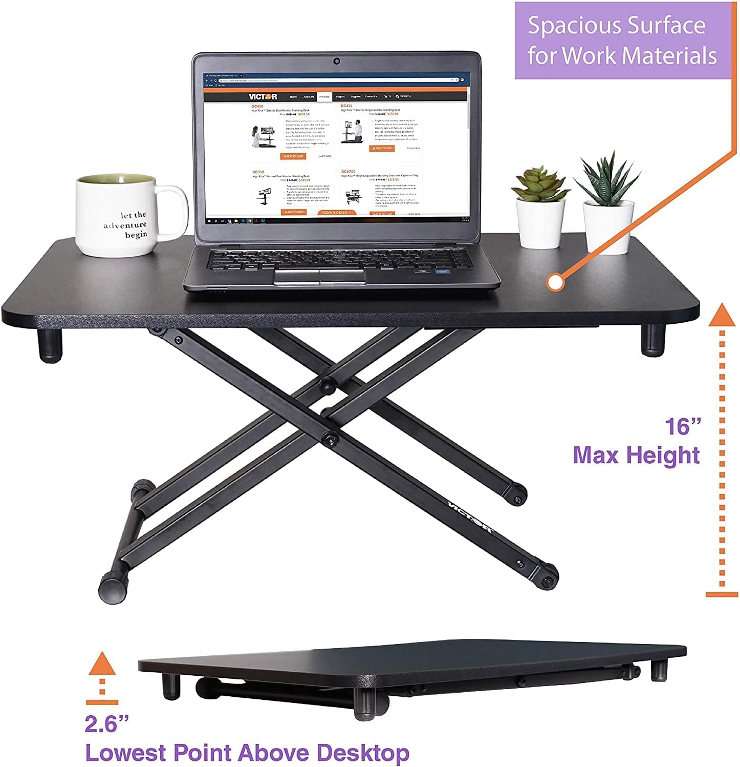 Victor High Rise Collection Adjustable Standing Desk for Laptops, 29”x18.5, Black