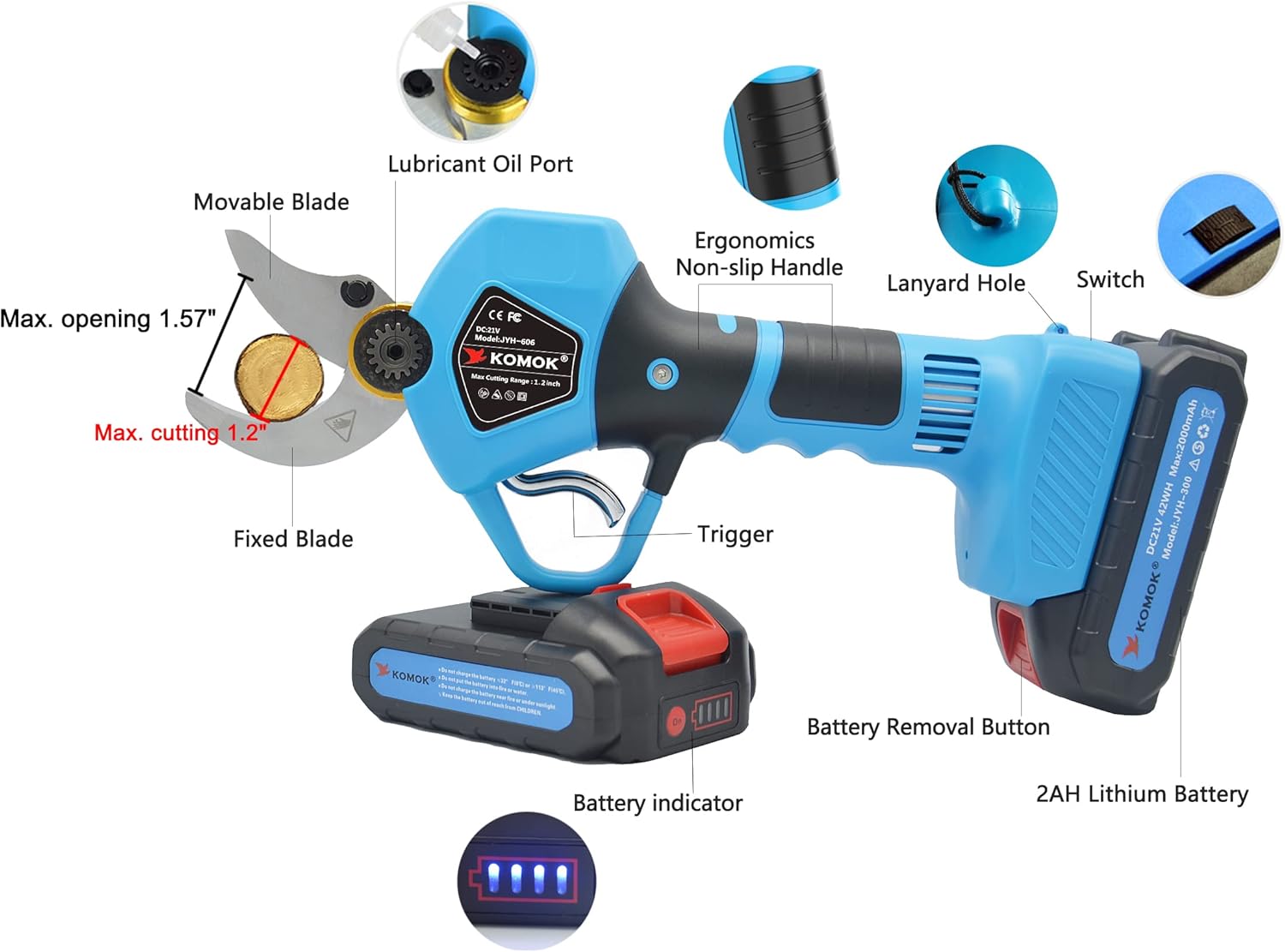 KOMOK Professional Cordless Electric Pruning Shears, 2PCS Backup Rechargeable 2Ah Lithium Battery Powered Tree Branch Pruner, 30MM (1.2 Inch) Cutting Diameter, 6-8 Working Hours