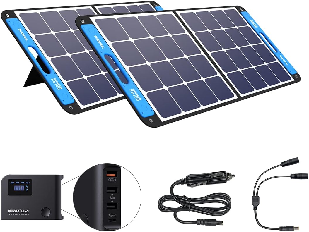 XTAR SP100 2 Pack 100w Solar Panel Portable Solar Panel Solar Power with Independent Charger 8mm Splitter Solar Power Panel for Power Station Solar Generator RV Solar Camping