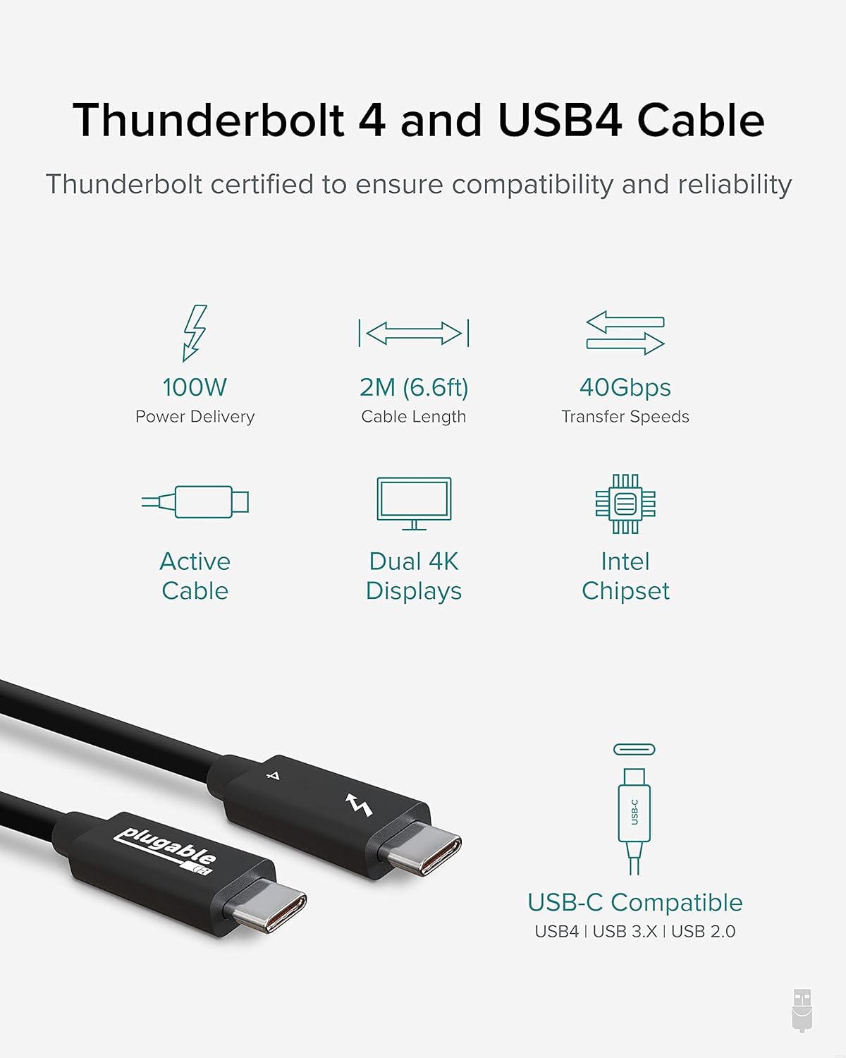 Plugable Thunderbolt 4 Cable [Thunderbolt Certified] 6.6ft USB4 Cable with 100W Charging, Single 8K or Dual 4K Displays, 40Gbps Data Transfer, Compatible with Thunderbolt 4, USB4, Thunderbolt 3, USB-C Pack of 2