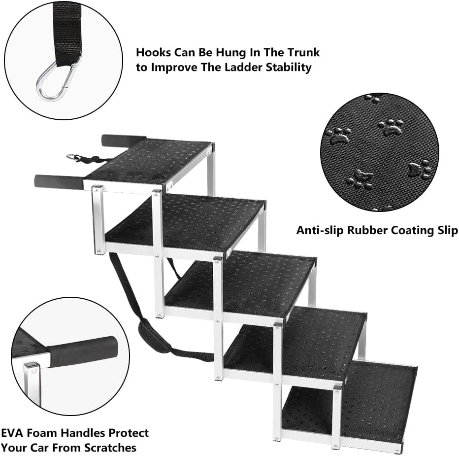 KELIXU Dog Stairs for Cars and SUV Large Dog Steps, Foldable Pet Stairs for High Beds, Trucks, Foldable Lightweight Aluminum 5 Steps Dog Ramp with Non-Slip Surface Support 180 LBS