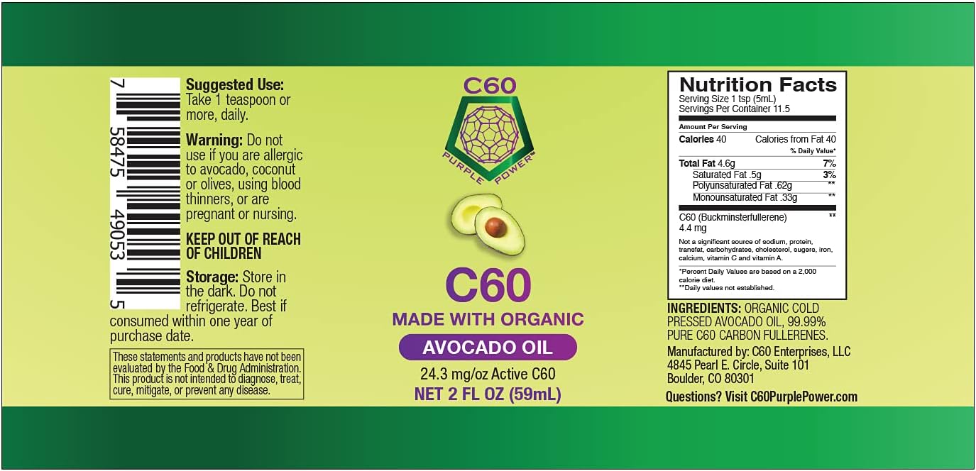 C60 Purple Power Organic Avocado Oil, 2 Fl Oz Organic Cold-Pressed Avocado Oil, 99.99% Pure c60 Carbon Fullerenes, Lift The Oxidative Burden at The Cellular Level, Optimize Mitochondrial Function Pack of 2