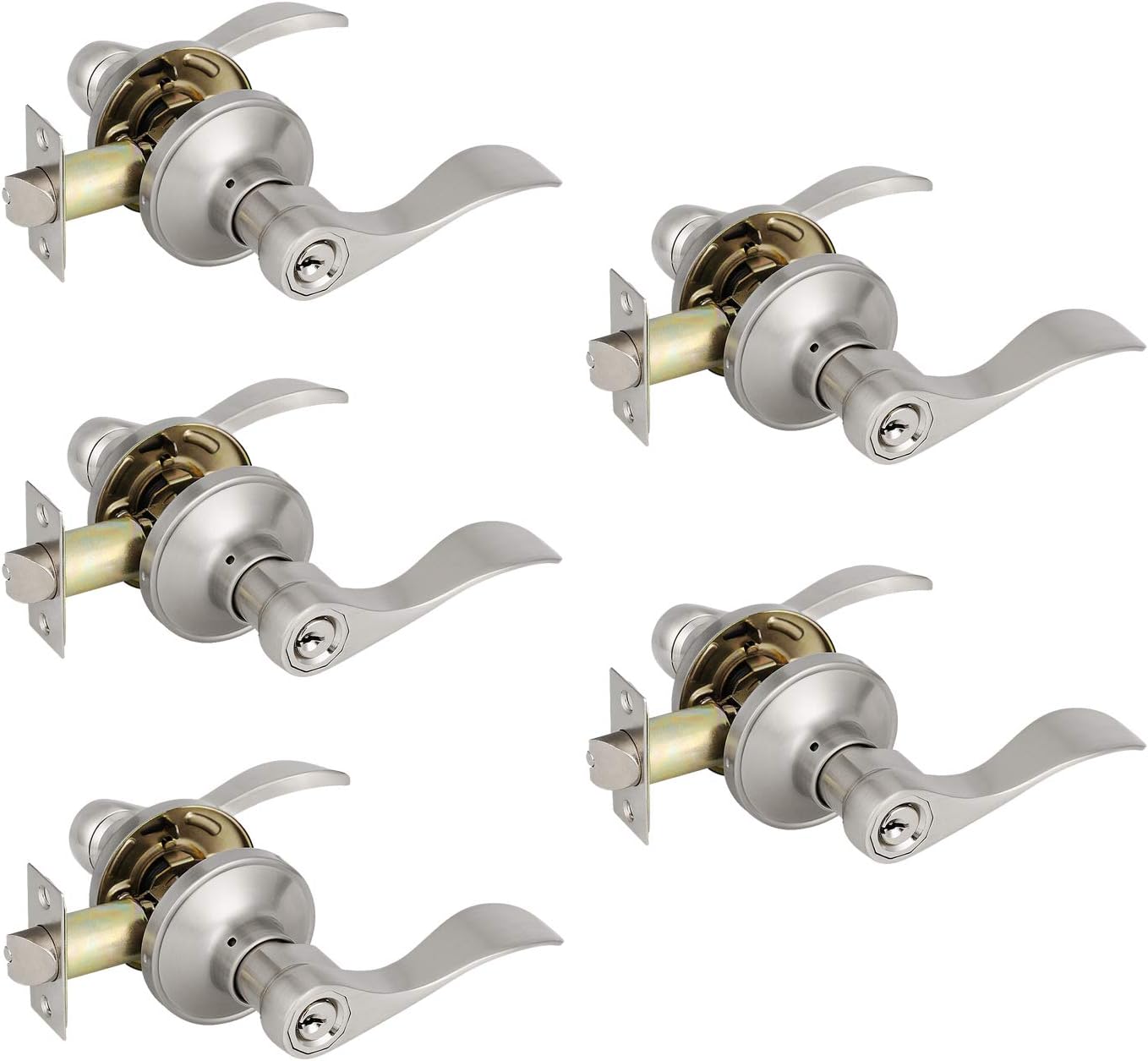 Probrico (6 Pack) Passage Door Lever [Non-Locking Lever Set], Non-Locking Door Handle Set for Hallway or Closets, Keyless Satin Nickel Finish Wave Door Lock, Reversible Right & Left Side Handed