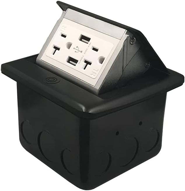 Pop Up Waterproof Floor Electrical Box with 4.8A USB Chargers and 2 Outlet Receptacle Stainless Steel Nickel Plating Black Pack of 2