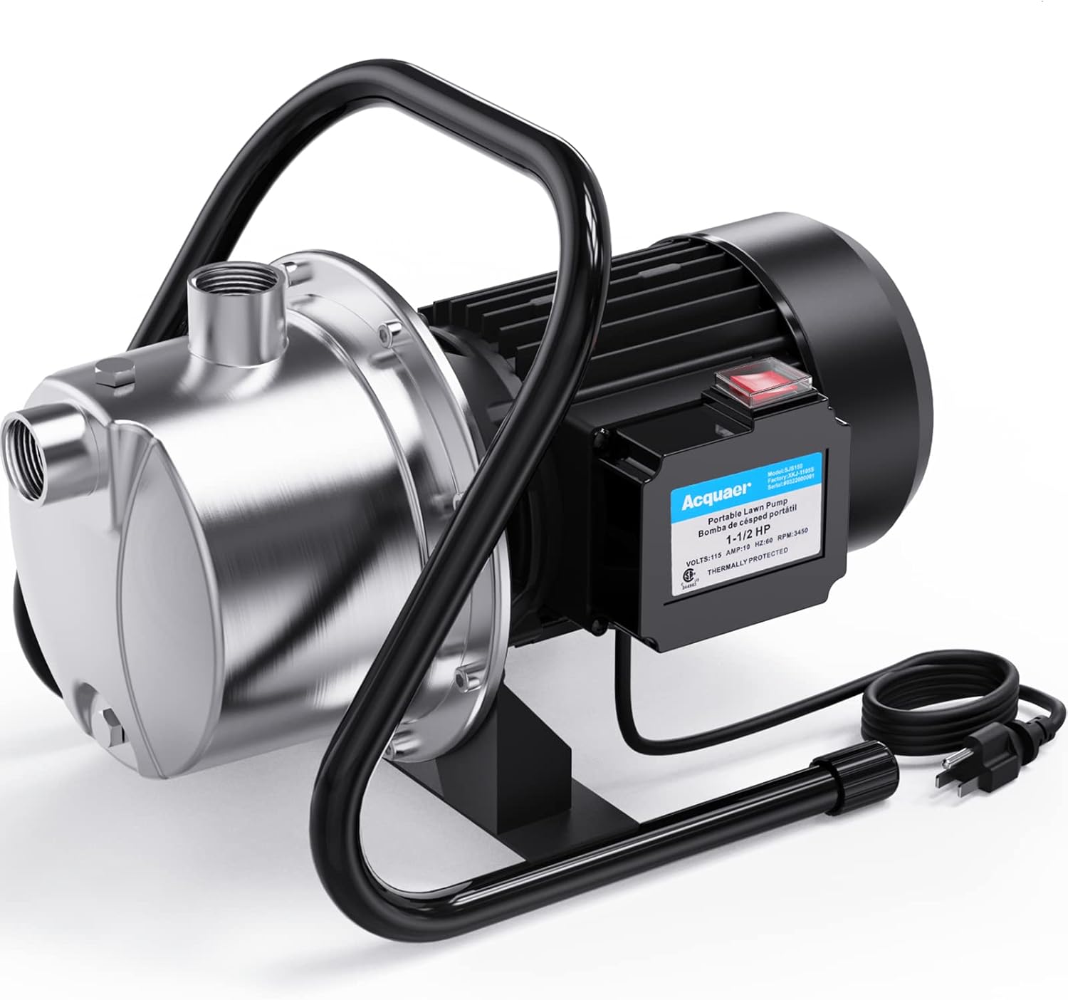 Acquaer 1.5HP Portable Shallow Well Pump Garden Pump, Stainless Steel, 1210GPH, 115V Sprinkler Pump Water Transfer Draining Irrigation Pump for Water Removal/Lawn Garden