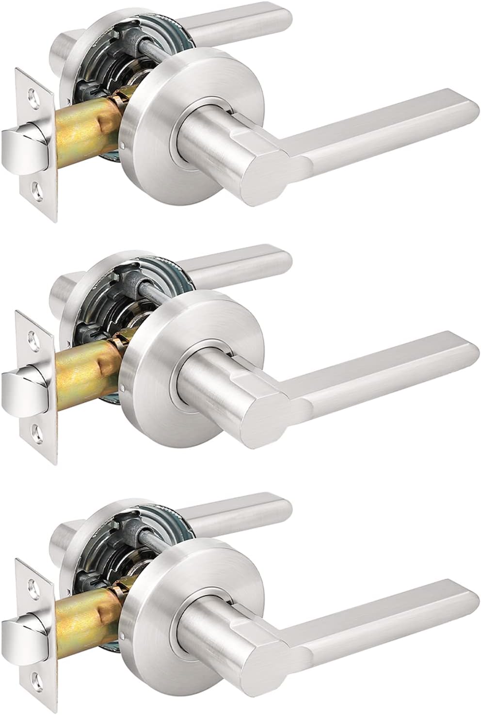 Probrico Modern Stain Nickel Keyless Passage Door Levers Interior Locks for Hall or Closet, Flat Door Handles Non-Locking Lever Set, Reversible for Right & Left Side, 10 Pack