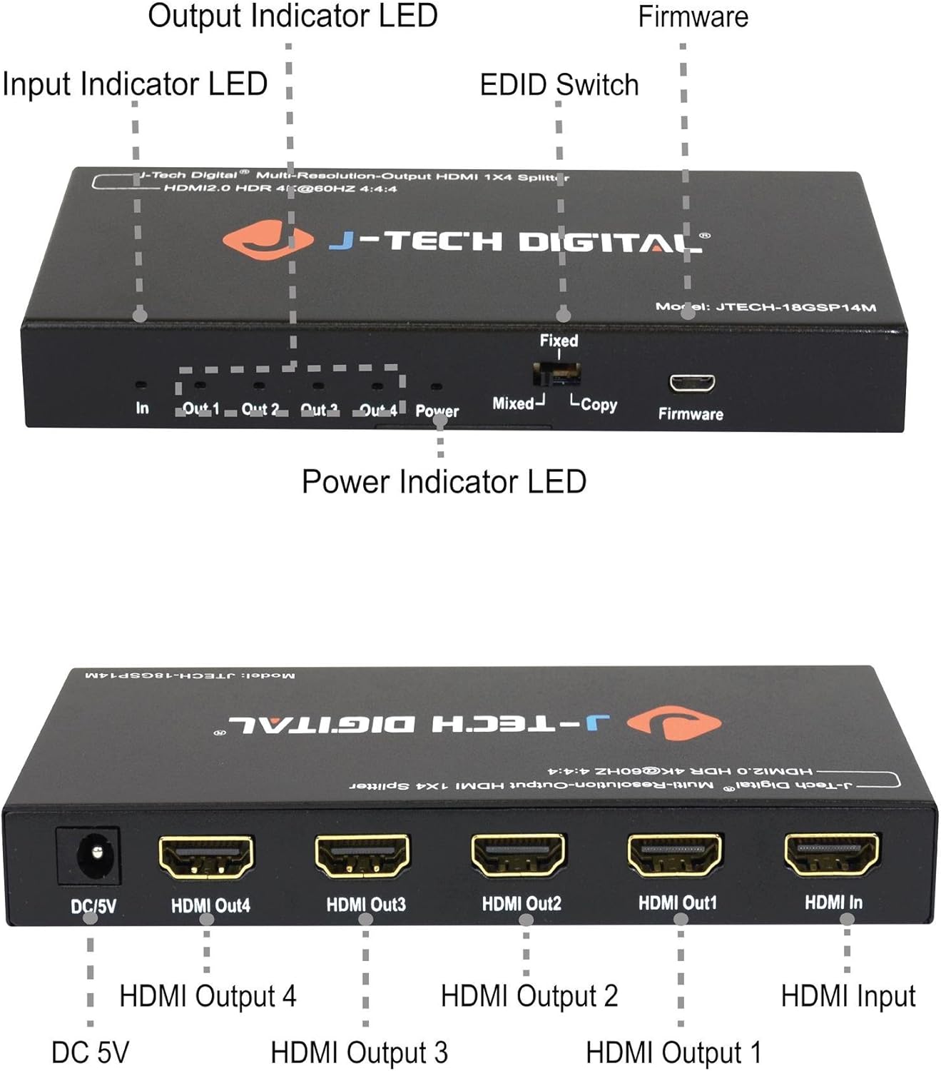 J-Tech Digital Scaler/Multi-Resolution Output (MRO) 18GBps 1x4 HDMI 2.0 Splitter HDR10/Dolby Vision 4K@60Hz 4:4:4 [JTECH-18GSP14M] Pack of 2