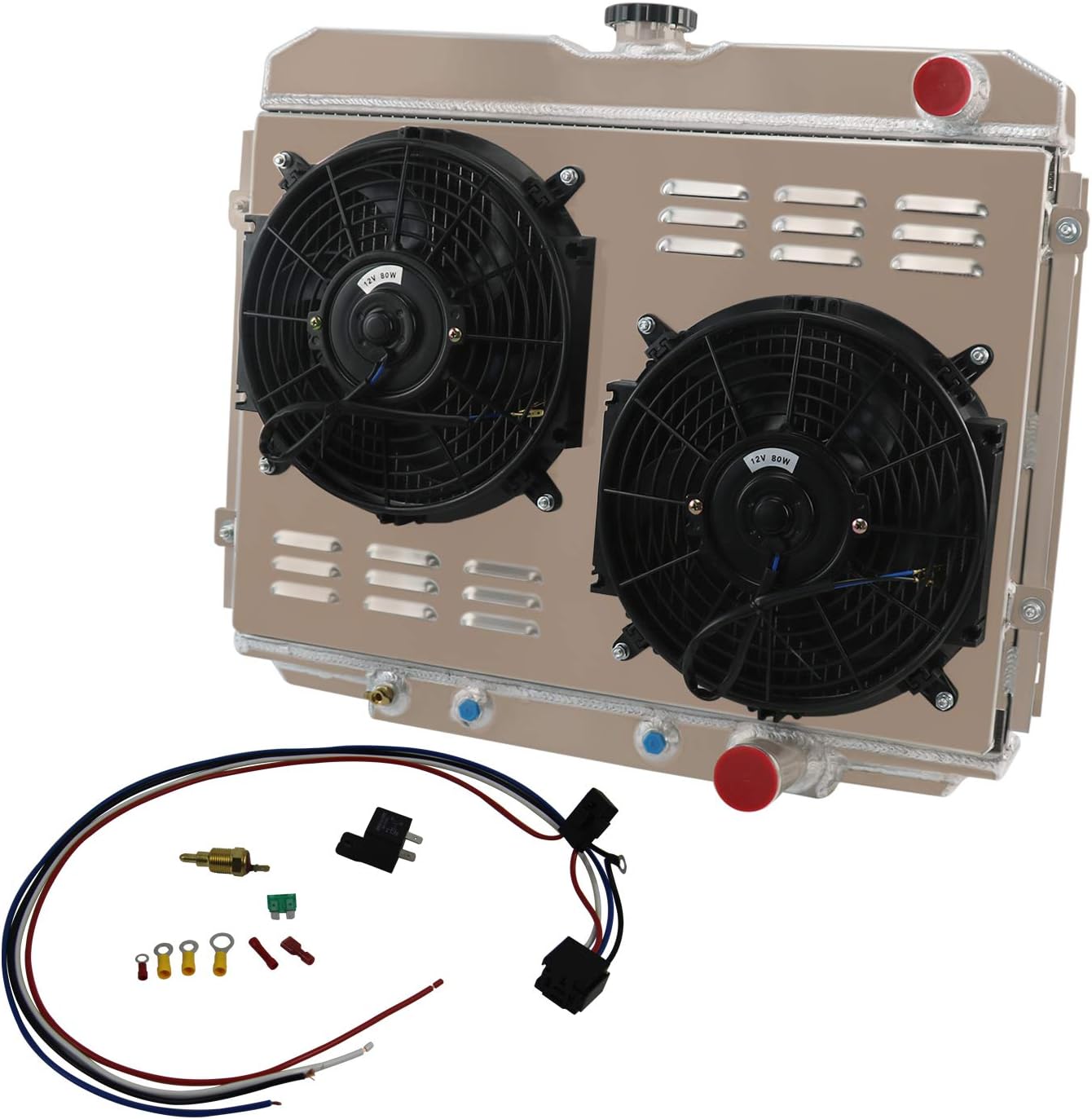 RadBuild 3 Row Aluminum Radiator + Shroud + Fan + Relay Fit 67-70 Ford Mustang/Fairlane/Ranchero & Mercury Cougar 4.7L/5.0/5.8L V8