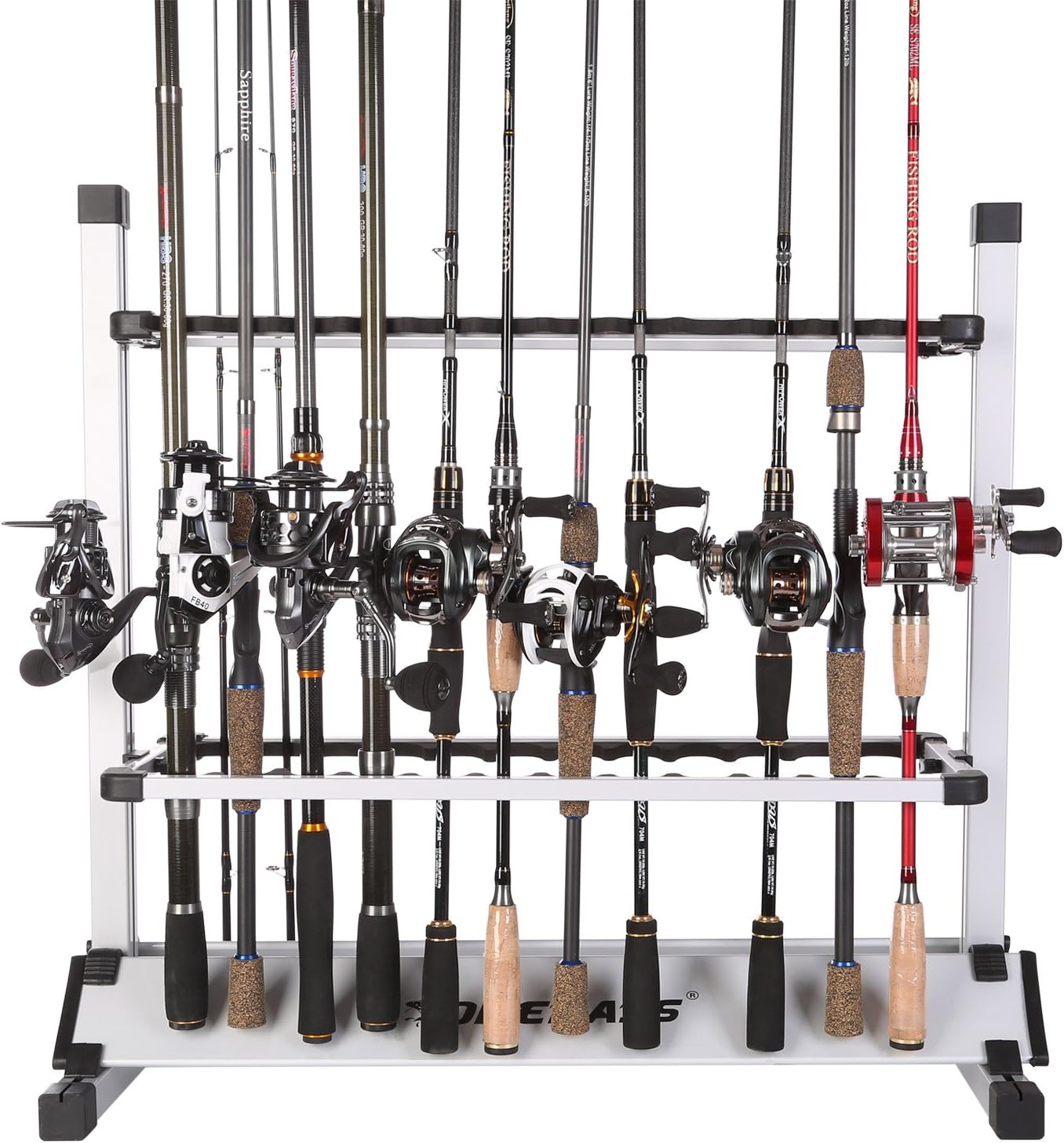 One Bass Fishing Rod Rack Metal Aluminum AlloyPortable Fishing Rod Holder Fishing Rod Organizer for All Type Fishing Pole, Hold Up to 24 Rods Pack of 2