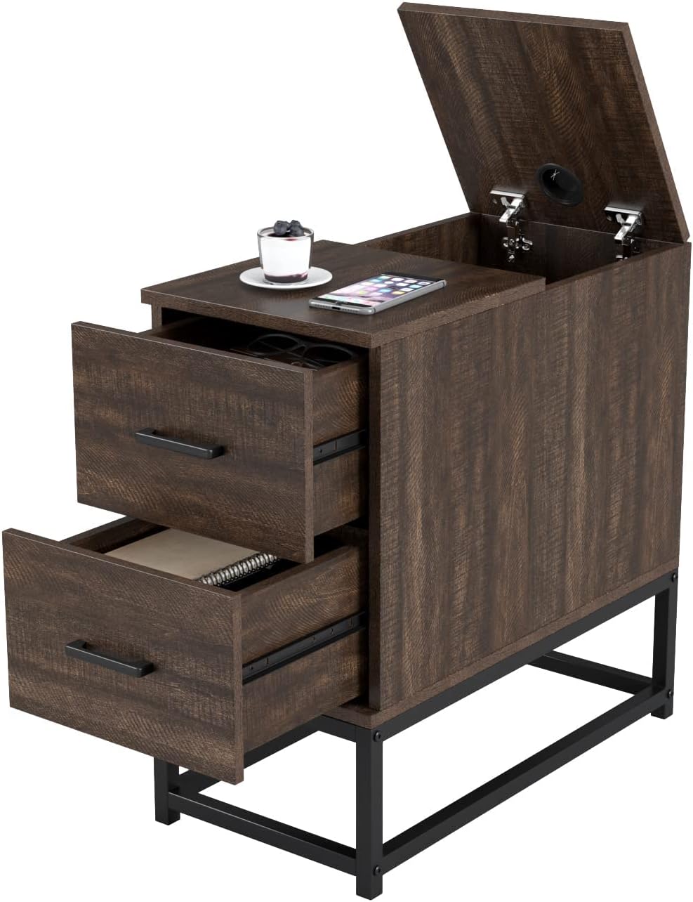 HIFIT End Table, Narrow Side Table with Drawers, Flip Top End Side Table with Storage for Small Space, Bedside Table for Living Room Bedroom, Walnut Brown Pack of 2