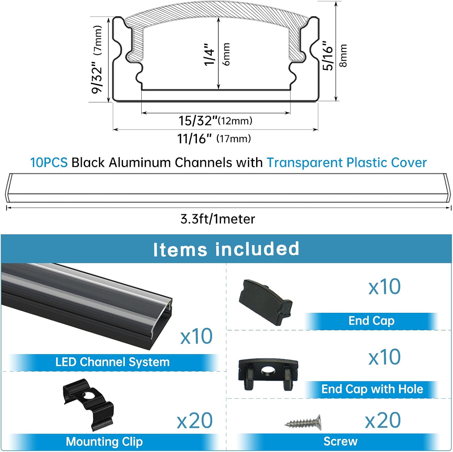 Muzata 10Pack 3.3FT/1M Black LED Channel System with Crystal Transparent Clear Cover Lens,Aluminum Extrusion Track Housing Profile for Strip Tape Light with, U Shape U1SW BT 1M,LU1 LH1 Pack of 2