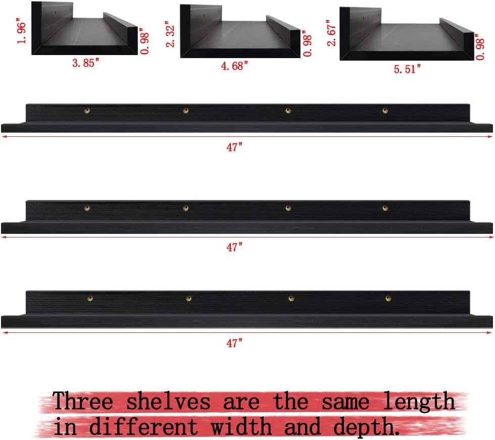 Lavezee 47 Inch Long Photo Picture Ledge Shelves Set of 3, Black Wall Mount Floating Shelf for Nursery, Office, Bedroom, Living Room, Kitchen Display Pack of 2