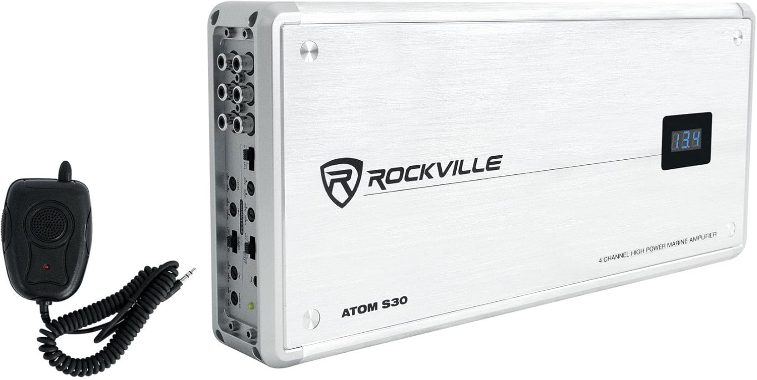 Rockville Atom S30 Marine Amplifier 2400w 4 Channel Amp w/Volt Meter+PA Mic