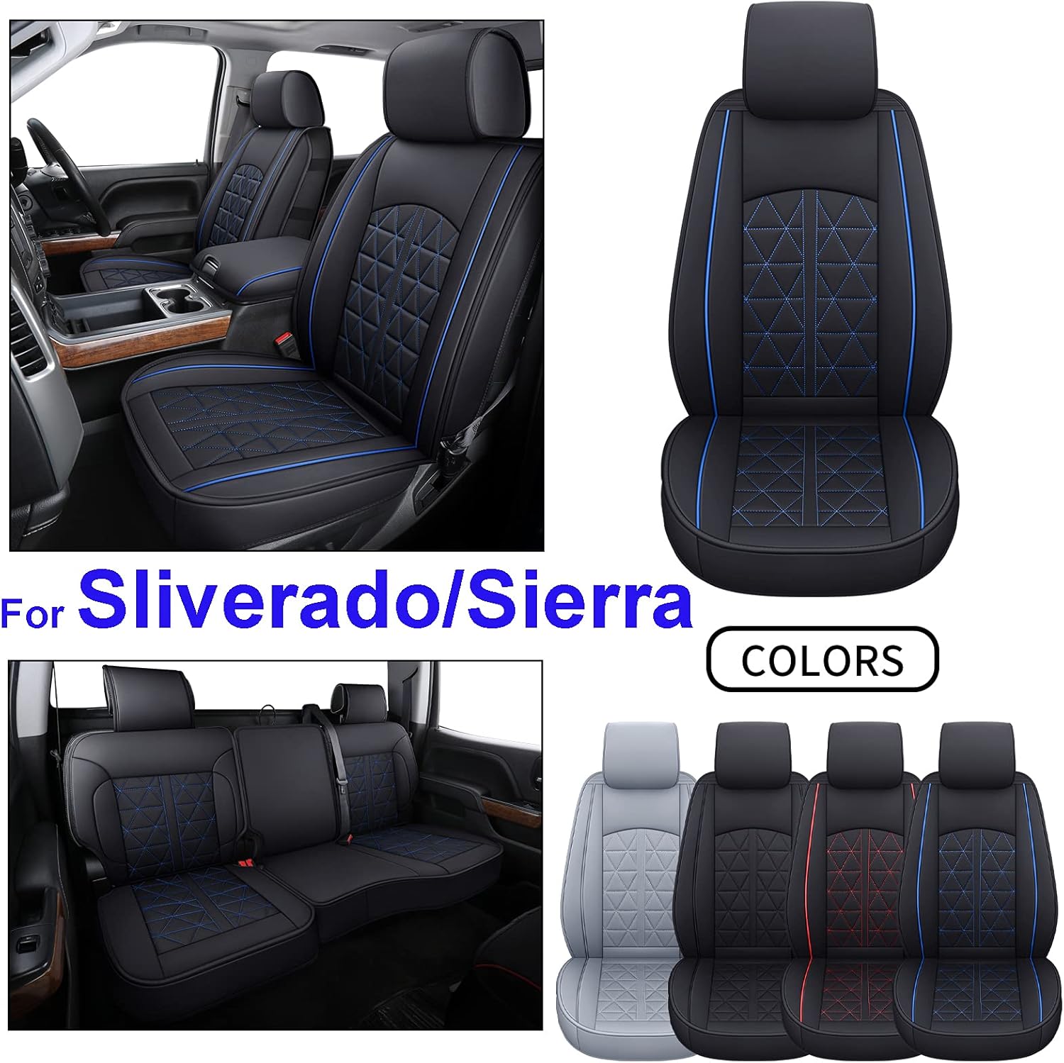 INCH EMPIRE Seat Cover Custom Fit for GMC Sierra 1500 2500 3500 2007-2021 Chevy Silverado 1500 2500 3500 Crew Extended Double Cab Pickup Synthetic Leather Car Seat Protector (Black&Blue Full Set)