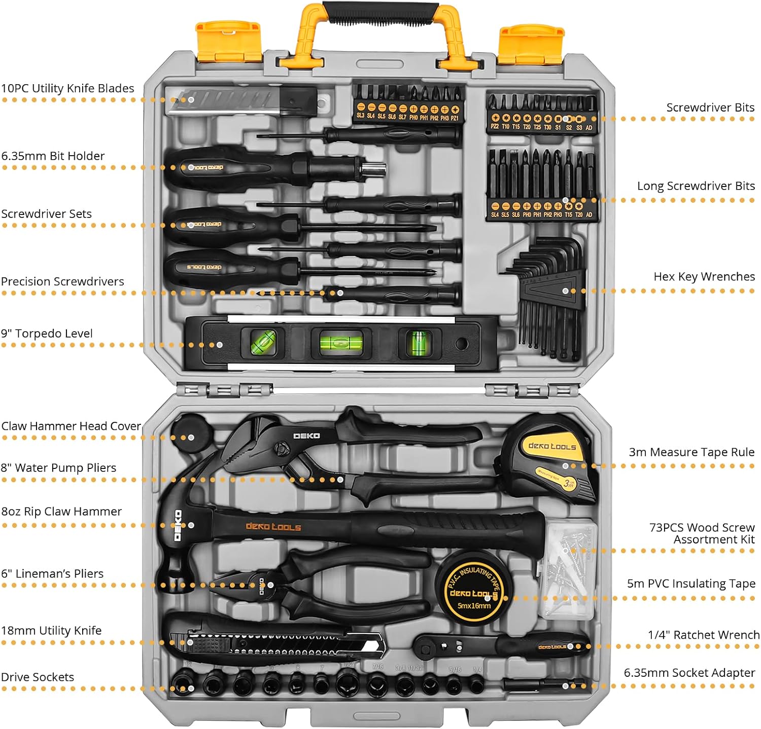 DEKOPRO 150 Piece Tool Set, General Household Hand Tool Kit, Home Repair Tool Kit with Plastic Toolbox Storage Case for DIY Project, Home Maintenance Pack of 2