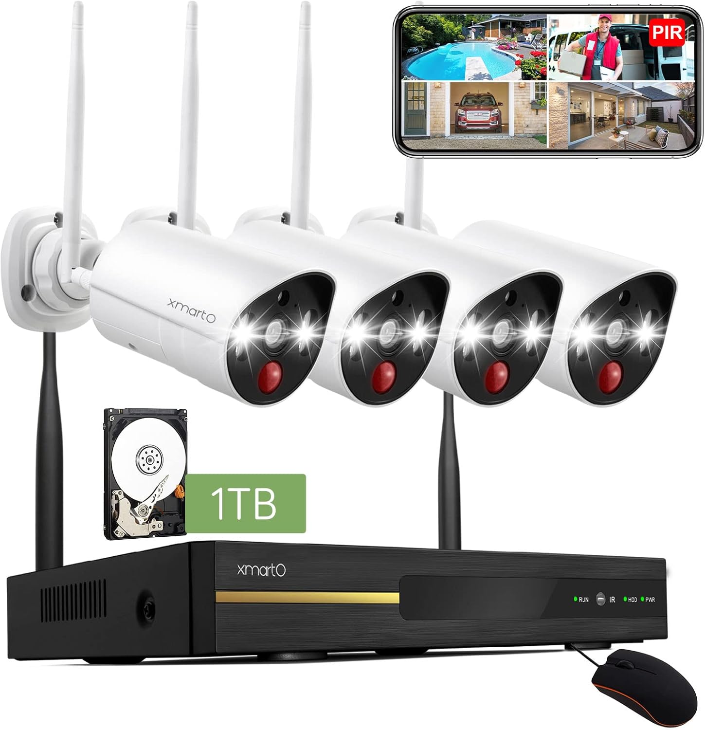 [Thermal True Detection] XMARTO Prime 8CH 2K HD Wireless Security Camera System 24/7 w. Human/pet/Vehicle Detect,Color Night Vision,2-Way Audio and 1TB HDD (Smart Lights & Siren,WPS2K84-1TB Plug-in)