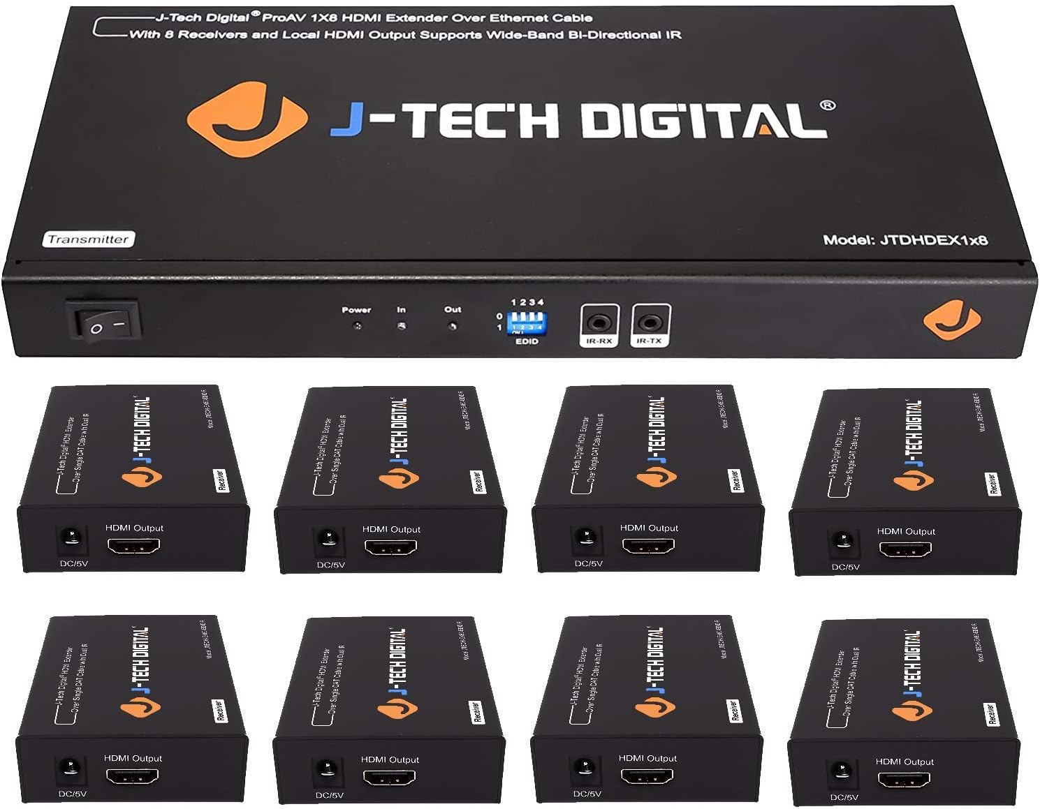 J-Tech Digital ProAV 1X4 HDMI Extender HDMI Amplifier HDMI Splitter Over Ethernet Cable with Bi-Direction IR and EDID Functions (1x4)
