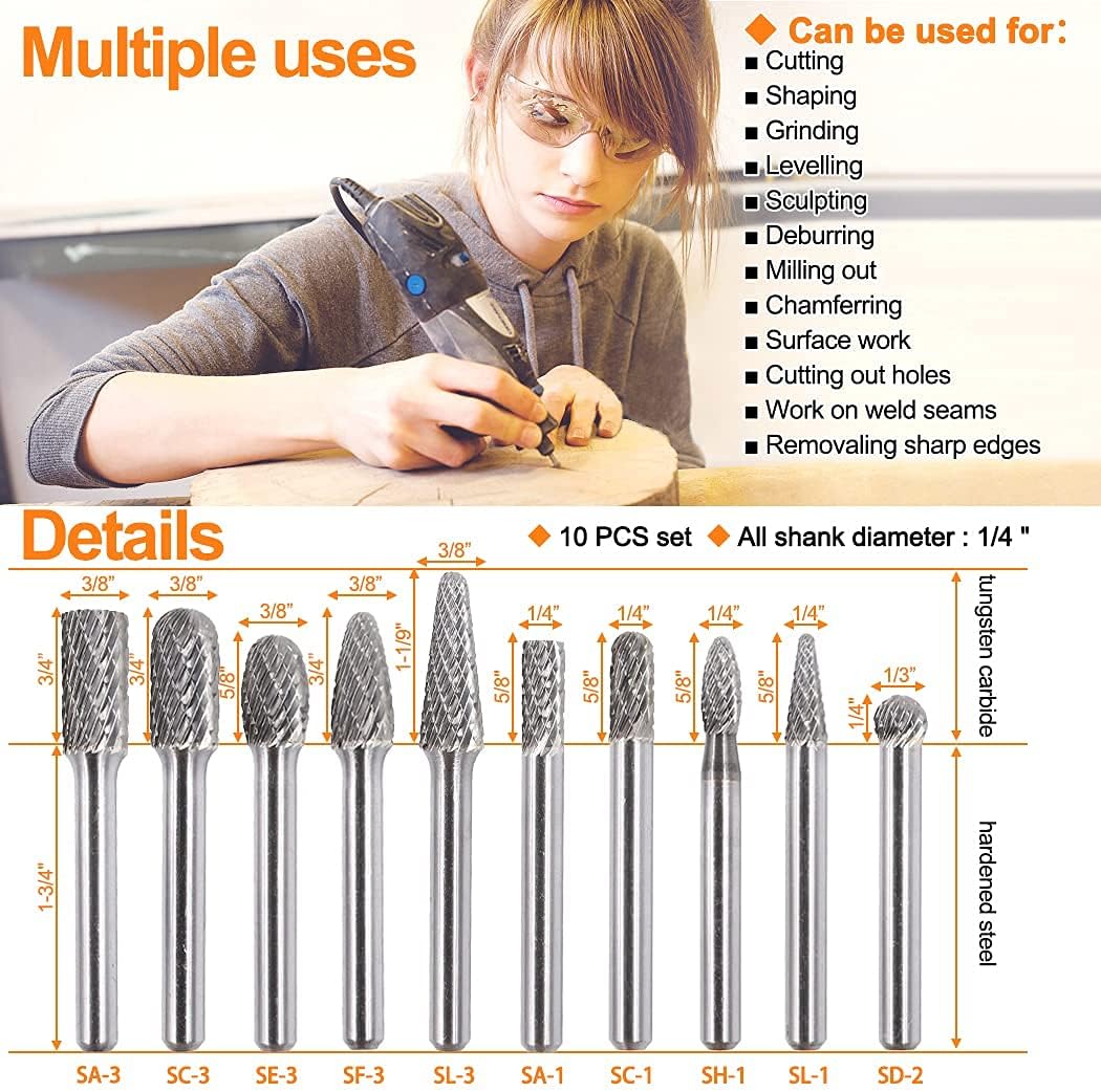 WUWTOOLS Tungsten Carbide Rotary Burrs Set 1/4 Shank file bit 10PCS Double cut Rotary tool Die grinder Drill Accessories Metal Steel Wood Glass Plastic Stone DIY Carving Polishing Cutting Shaping Pack of 2