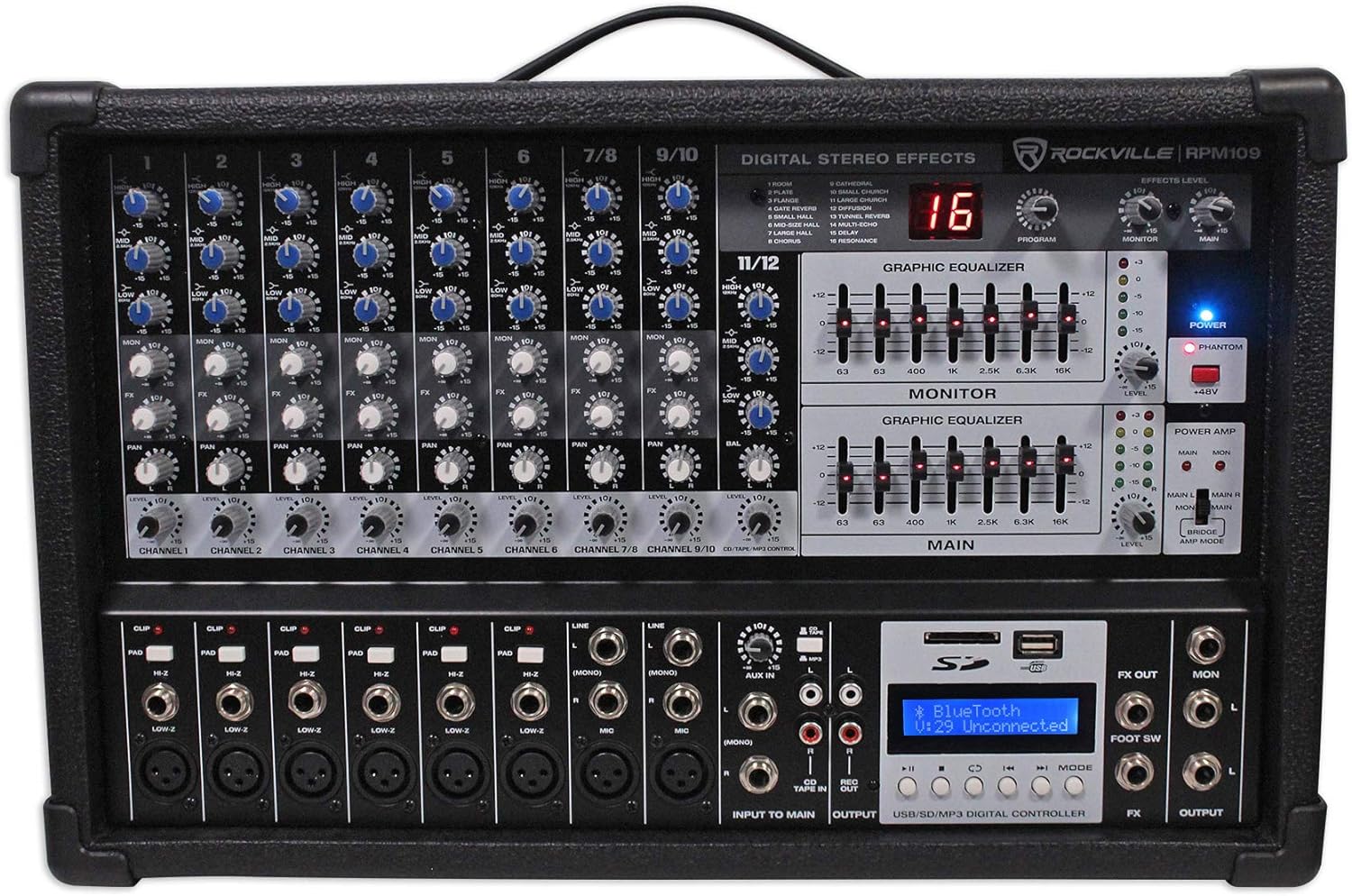 Rockville RPM48S 2000w Powered 4 Channel Mixer/Stereo Amplifier w Bluetooth/EQ