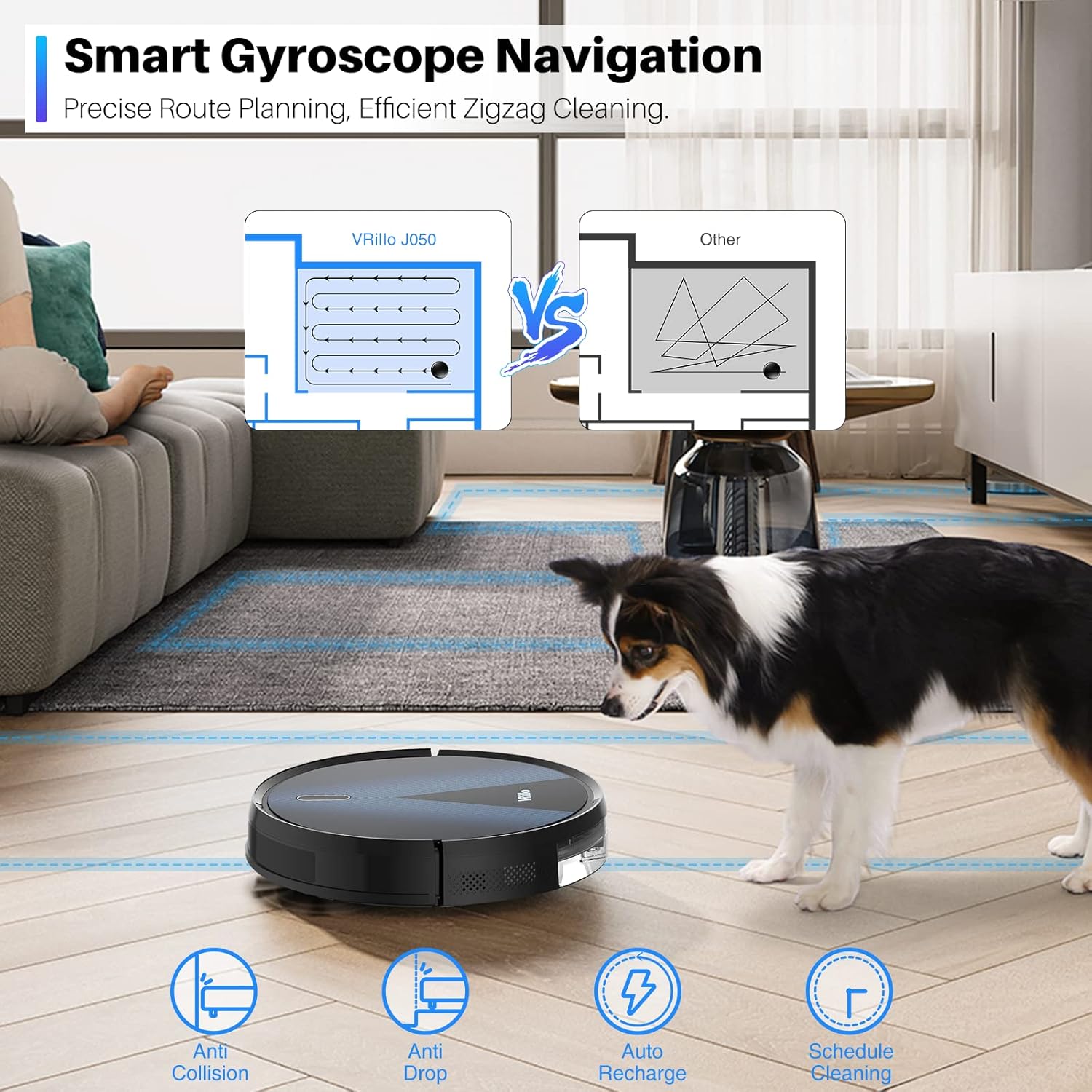 vrillo J050 Robot Vacuum and Mop Cleaner 2200Pa Strong Suction, APP&Remote Control, Wi-Fi, Compatible with Alexa and Self-Charging, Ideal for Carpet, Hard Floors, Pet Hair Cleaning
