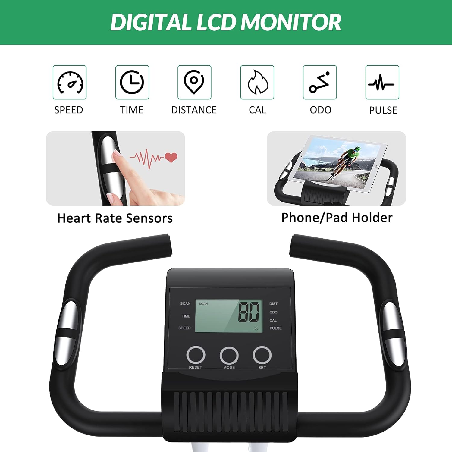 Folding Exercise Bike with Arm Resistance Bands and Equipment Mat, 16 Level Magnetic Resistance Upright Stationary Bike Indoor Cycling Bike for Home Workout Cardio Training