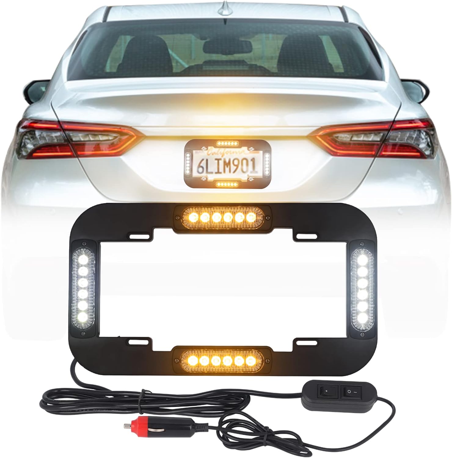 Emergency License Plate Strobe Lights Front/Rear Hazard Warning Safety Flashing Police Lights w/ Black Frames for Vehicles Trucks Cars (Red and Blue, 13.5 inch, 24 LED) Pack of 2