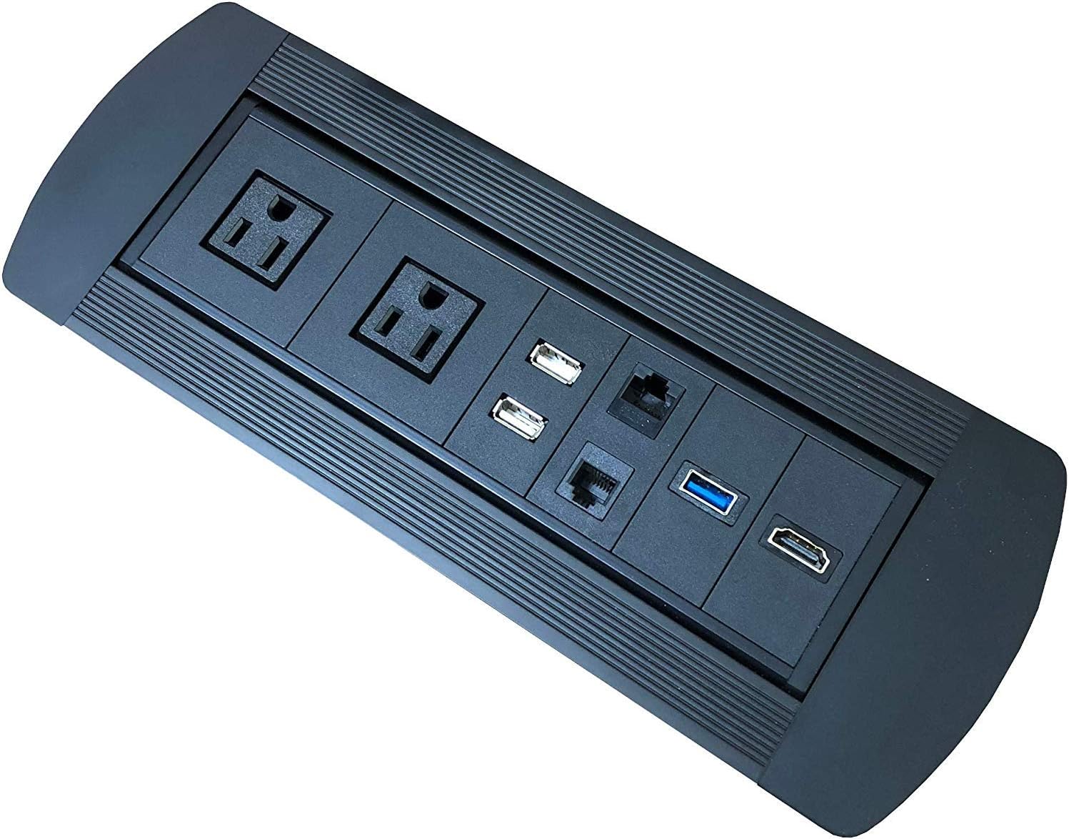 UL Listed Power Plug in-Desk Power Center Table Top Grommet Furniture Power Data Hub-2 USB Port, 2 AC Power, 1 HDMI, 1 CAT6 Port Conference Table Connectivity Box (DC8689-Round-Black) Pack of 2