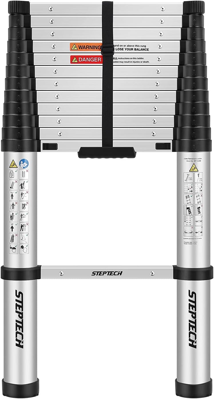 STEPTECH Telescoping Ladder 12.5 feet One-Button Retraction Slow-Down Aluminum Telescopic Extension Ladder Folding Collapsible Lightweight Ladders for Home Loft and RV Ladder 330 lbs Capacity