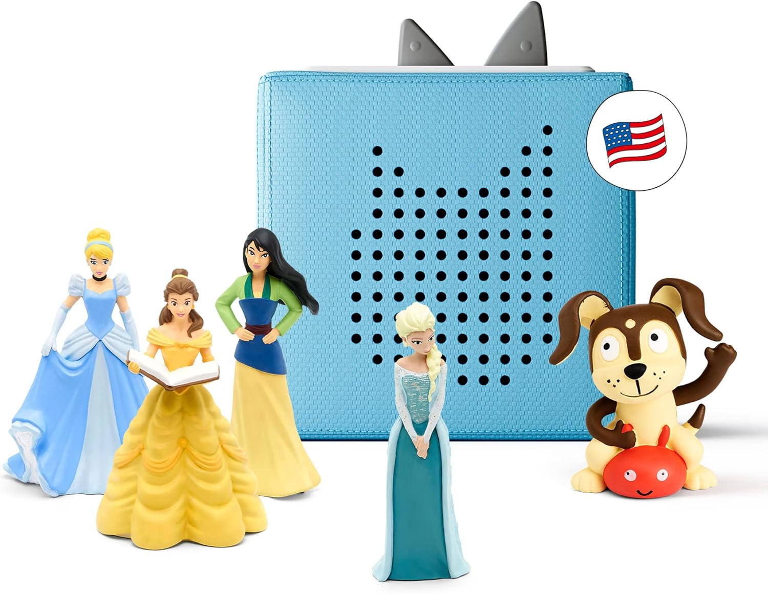 Toniebox Audio Player Starter Set with Elsa, Belle, Cinderella, Mulan, and Playtime Puppy - Imagination Building, Screen-Free Digital Listening Experience for Stories, Music, and More - Light Blue