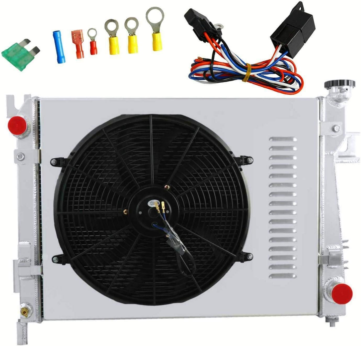 ALLOYWORKS 3 Row Aluminum Radiator+Shroud Fan+Thermostat For 2003-2009 Dodge Ram 1500 2500 3500 L6 V6 V8 V10 3.4L 3.7L 3.8L 3.9L 4.7L 5.7L 5.9L 8.0L 8.3L