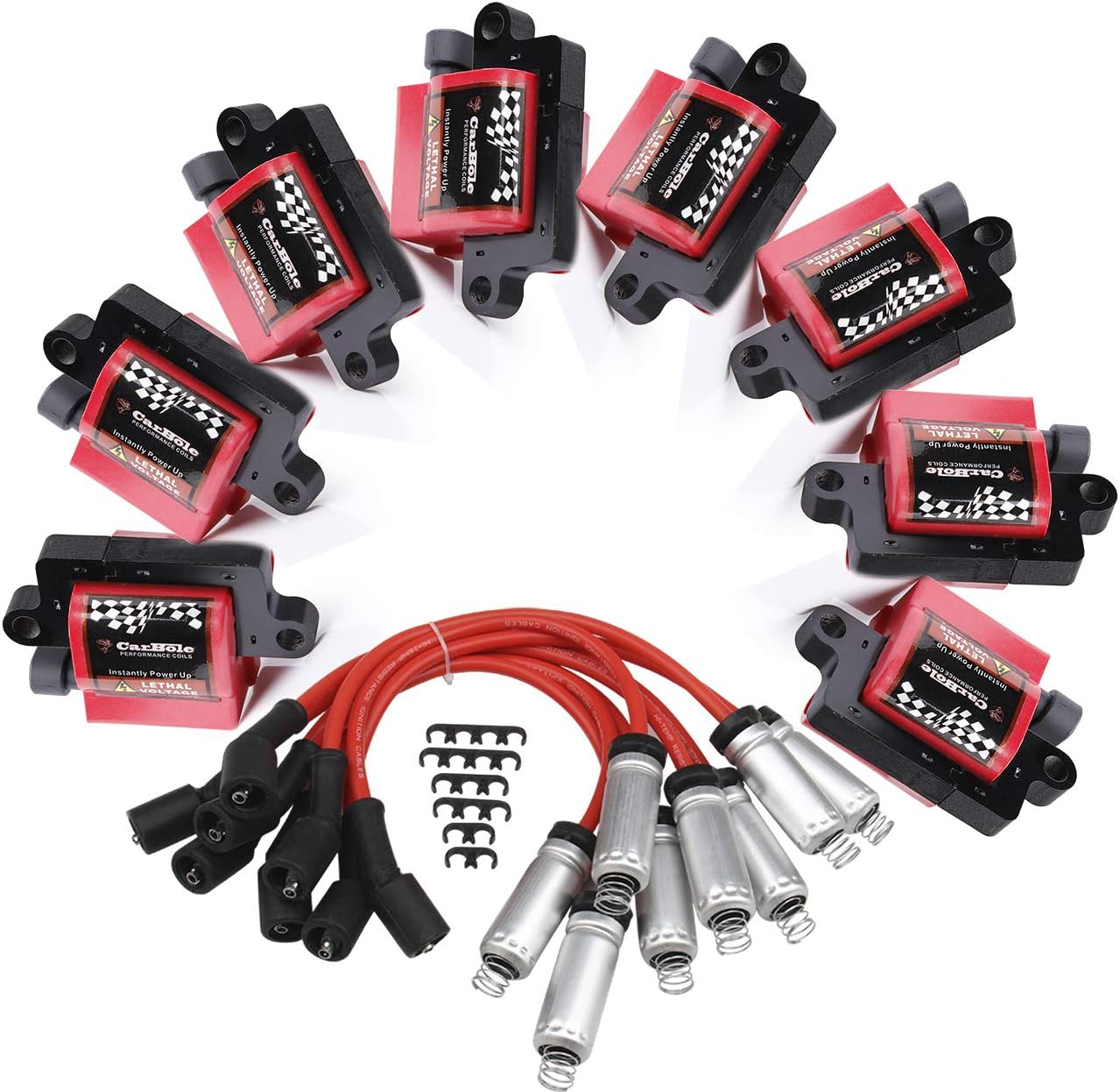 BANG4BUCK 8Pcs Ignition Coils Pack Square Type UF271 D581 + 8Pcs 8mm Spark Plug Wires Set High Voltage Energy for Cadillac Chevrolet GMC Part Number 12558693 12556893 3859078