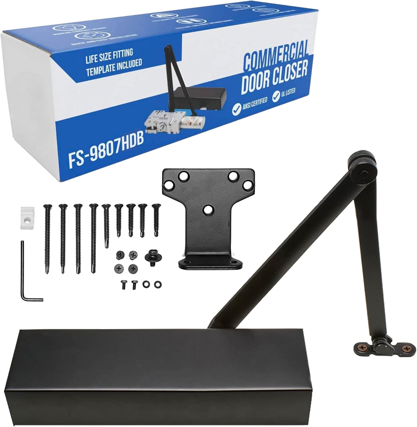 Fortstrong Ultra Heavy Duty Door Closer FS-9807HDBX - Grade 1 Commercial Standard Automatic Door Closing Mechanism - Durable Metal Casing - for High Traffic Areas - UL Listed, Black Finish