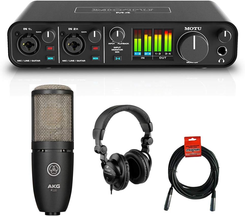 Motu M4 4x4 USB Audio Interface with AKG Project Studio P220 Condenser Mic, HPC-A30 Studio Monitor Headphones & XLR Cable Bundle