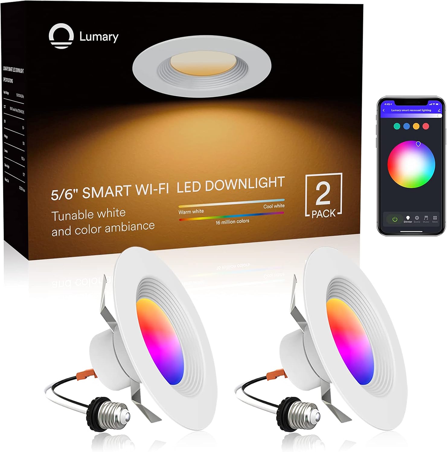 Lumary 5/6 inch LED Smart Recessed Lighting, Wi-Fi LED Can Lights, RGBWW LED Recessed Downlight Compatible with Alexa & Google Assistant 13W (80W Equivalent) 1100LM (5/6 in WiFi- 8 Pack)